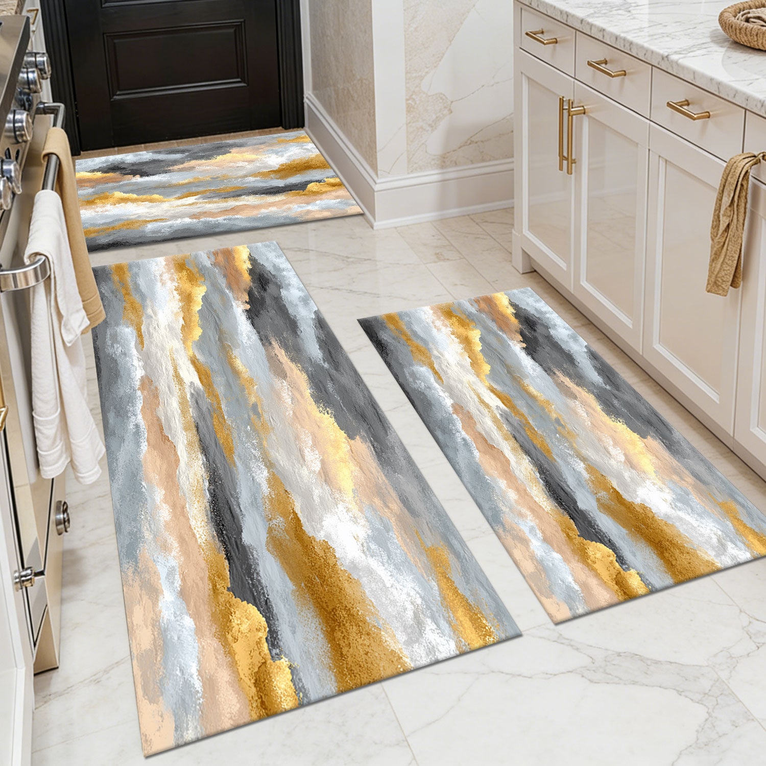 Three-piece kitchen rug set, non-slip and washable, abstract pattern kitchen hallway rug, soft and comfortable, suitable for sinks, floors, entrances, hallways and bathrooms.