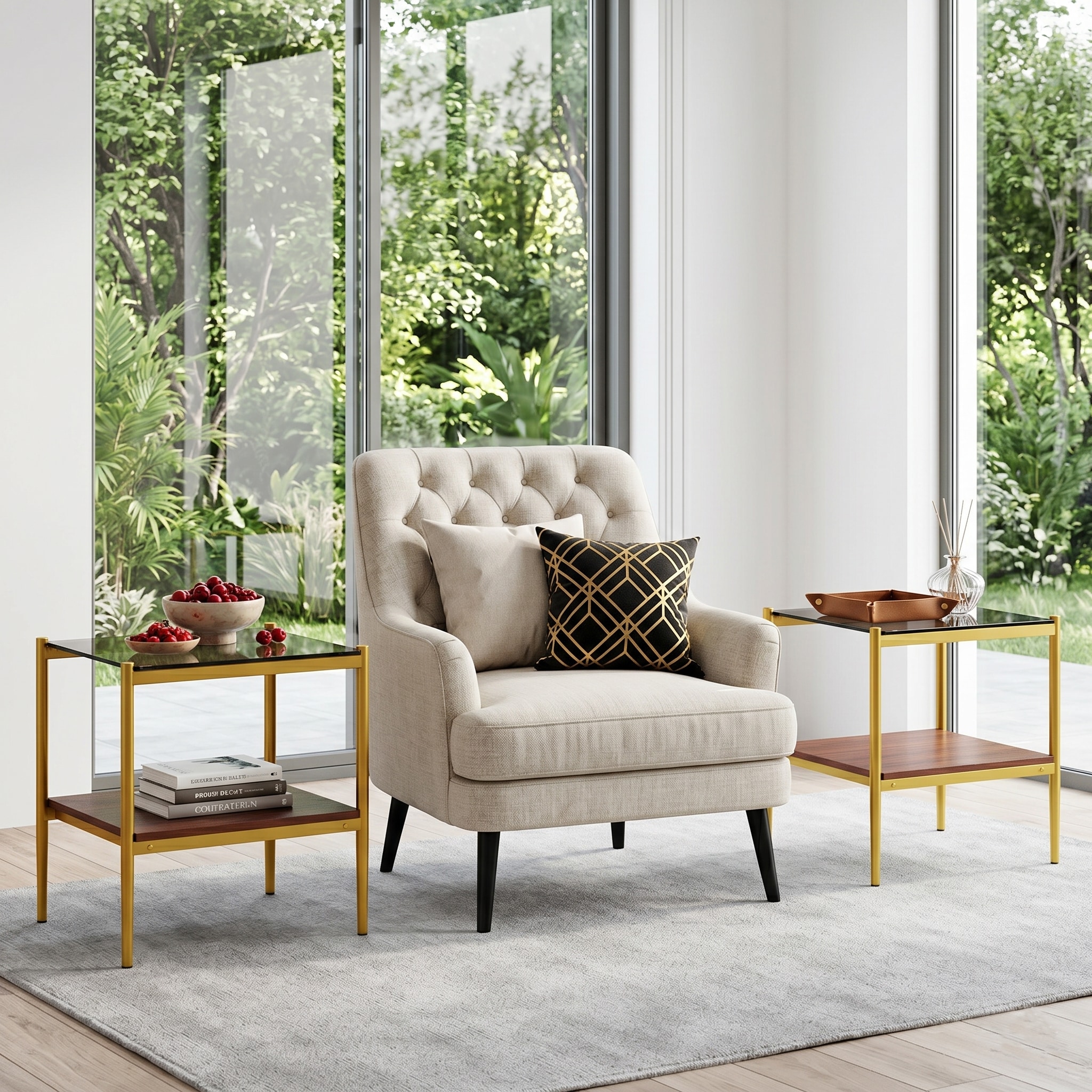 Set of 2 Rectangle End Table, Tempered Glass Tabletop with MDF layer, Modern Table for Living Room , Gray Glass