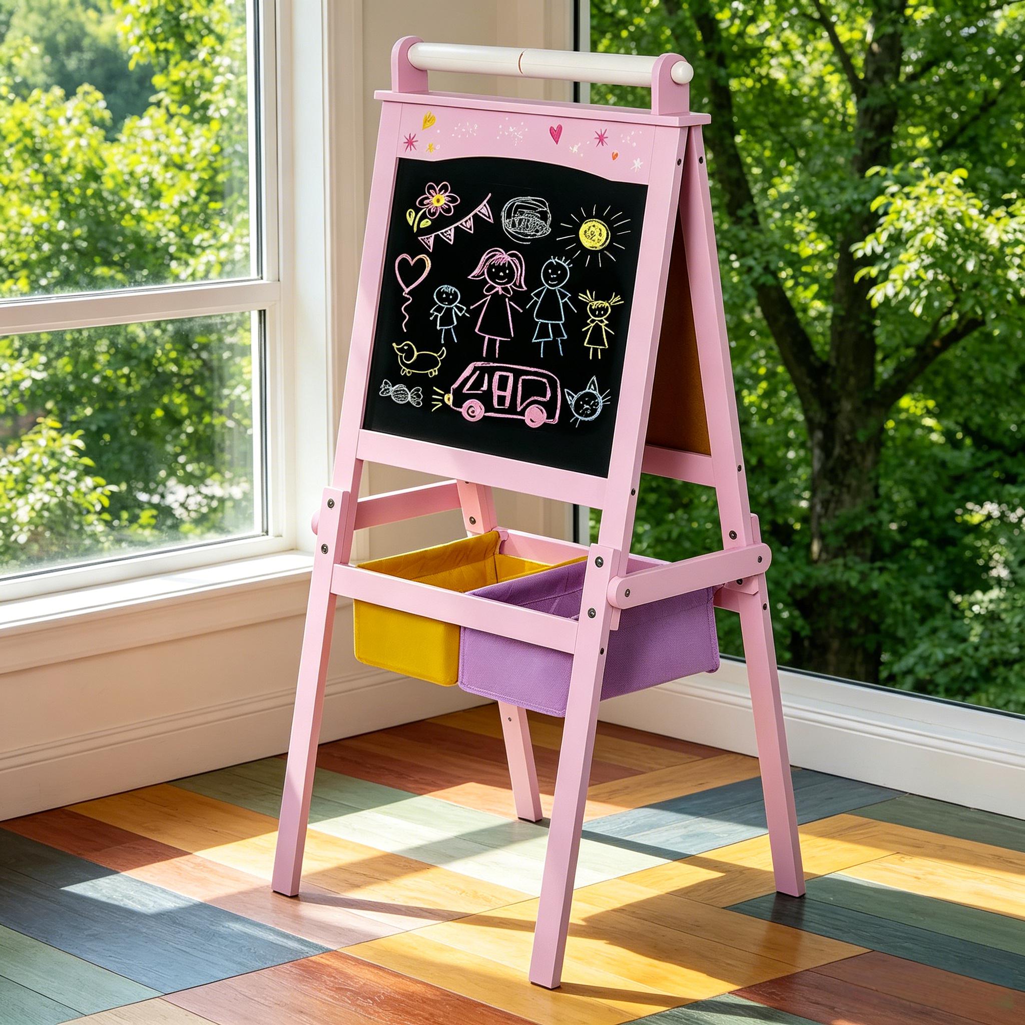 Pink 3 In 1 Kids Wooden Art Easel with Paper Roll, Double-Sided, Chalkboard & Whiteboard, Storage Baskets