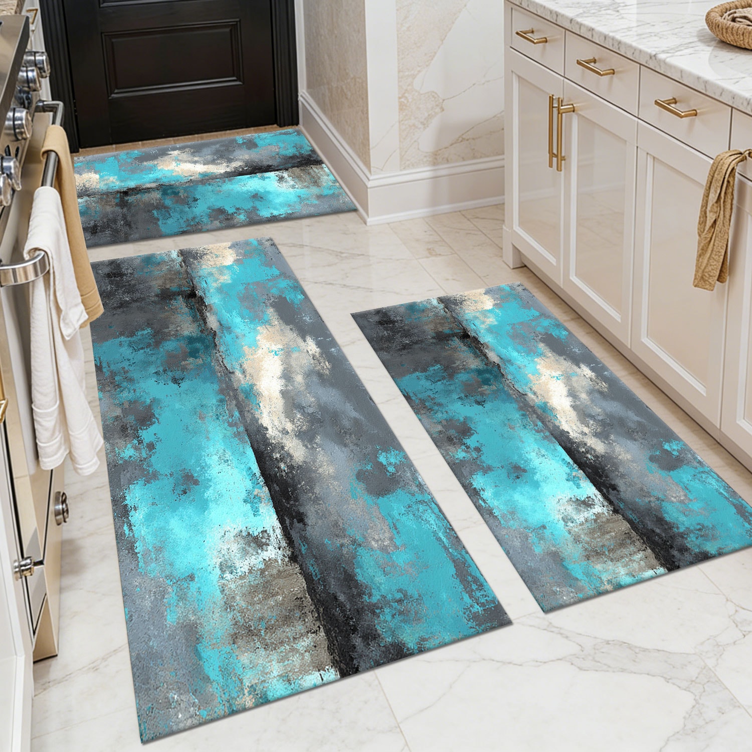Three-piece kitchen rug set, non-slip and washable, abstract pattern kitchen hallway rug, soft and comfortable, suitable for sinks, floors, entrances, hallways and bathrooms.