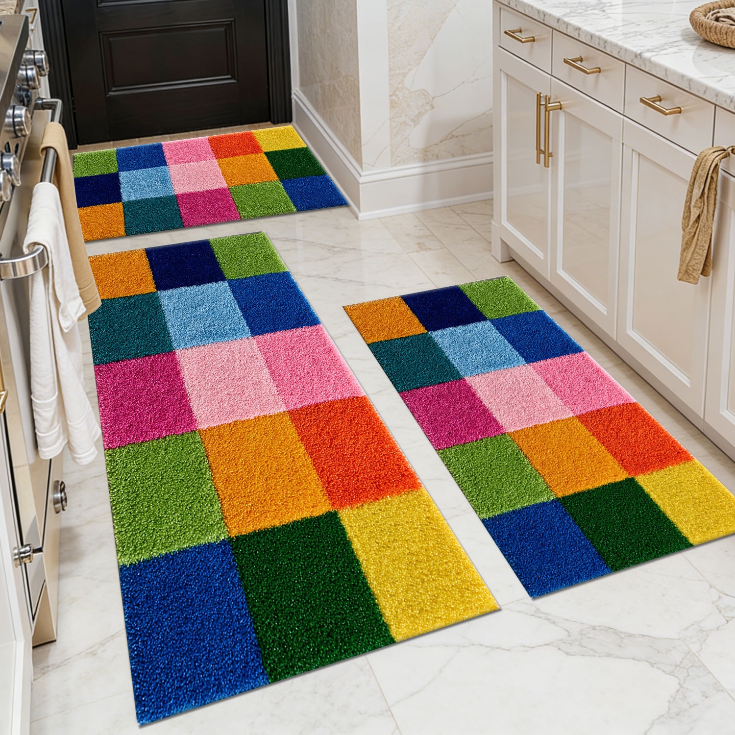 Three-piece kitchen rug set, non-slip and washable, abstract pattern kitchen hallway rug, soft and comfortable, suitable for sinks, floors, entrances, hallways and bathrooms.