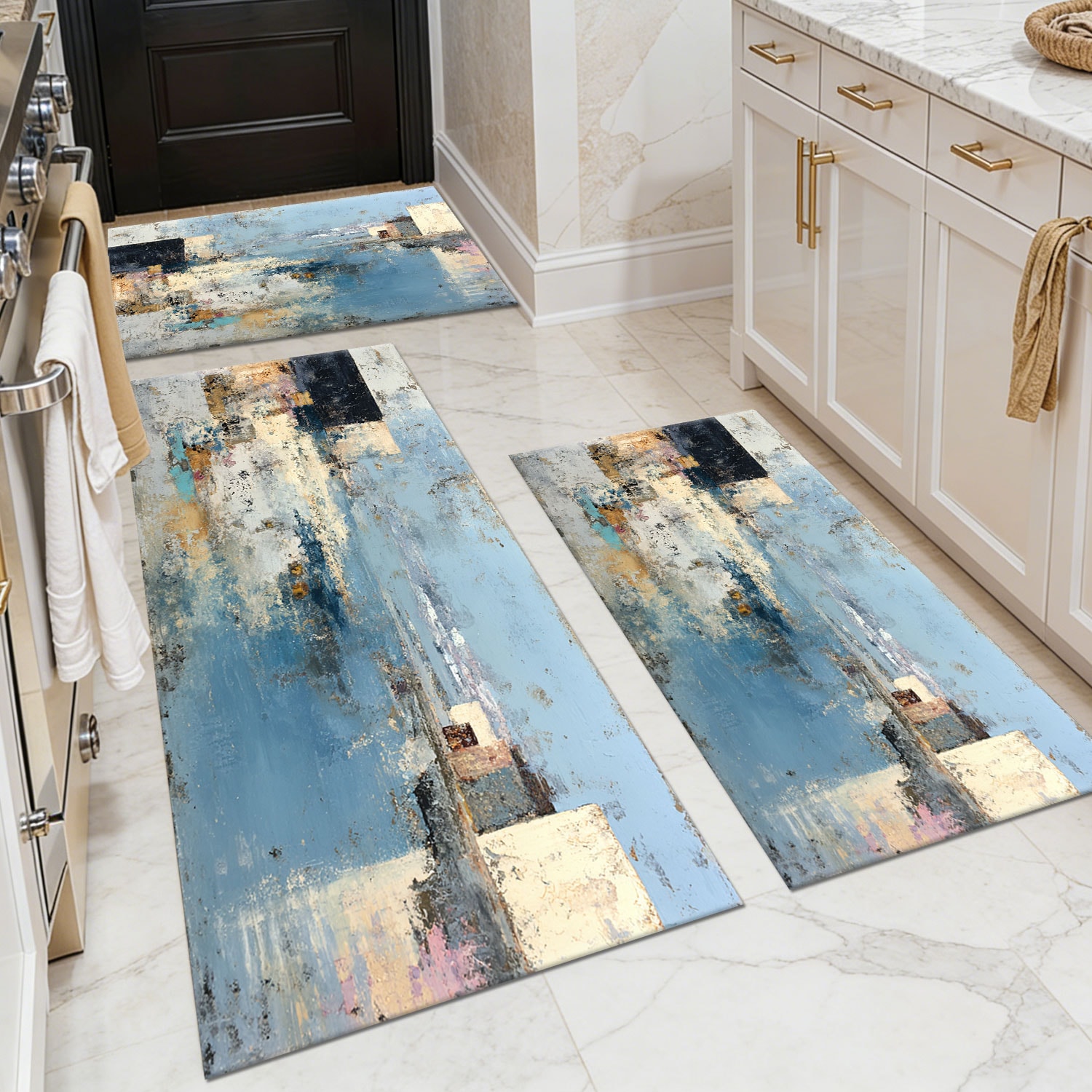 Three-piece kitchen rug set, non-slip and washable, abstract pattern kitchen hallway rug, soft and comfortable, suitable for sinks, floors, entrances, hallways and bathrooms.