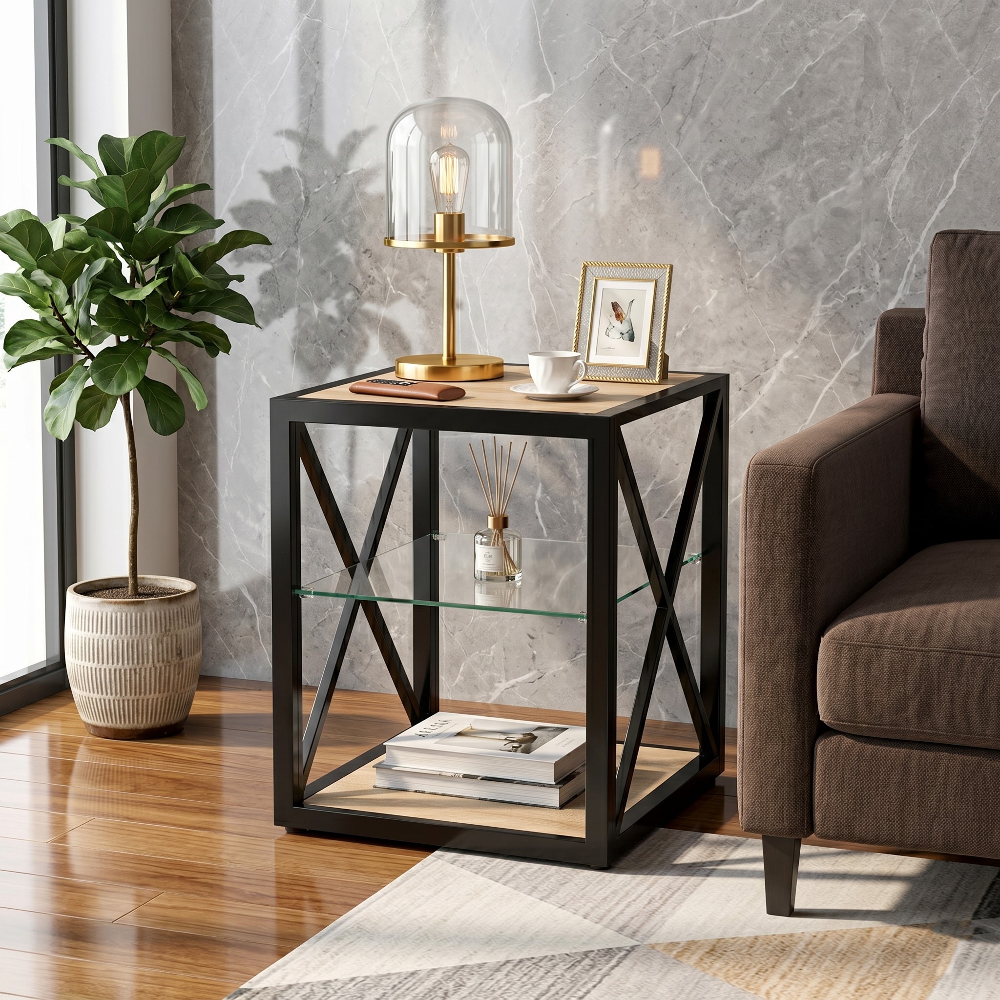 1 piece Modern End Table Nightstand for Bedroom & Living Room, Tempered Glass&Natural Wood MDF Top , Industrial Style Side Table