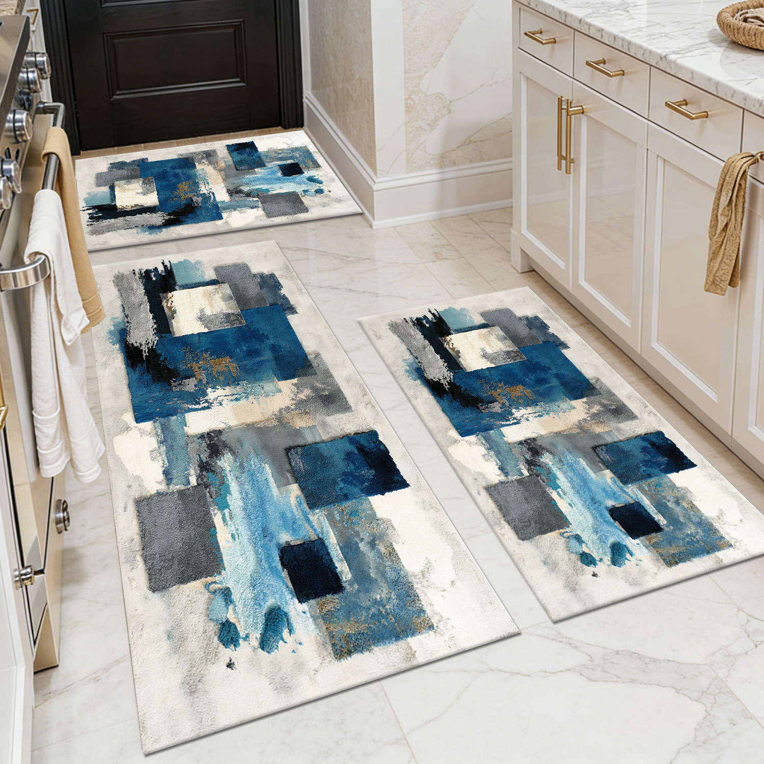 Three-piece kitchen rug set, non-slip and washable, abstract pattern kitchen hallway rug, soft and comfortable, suitable for sinks, floors, entrances, hallways and bathrooms.