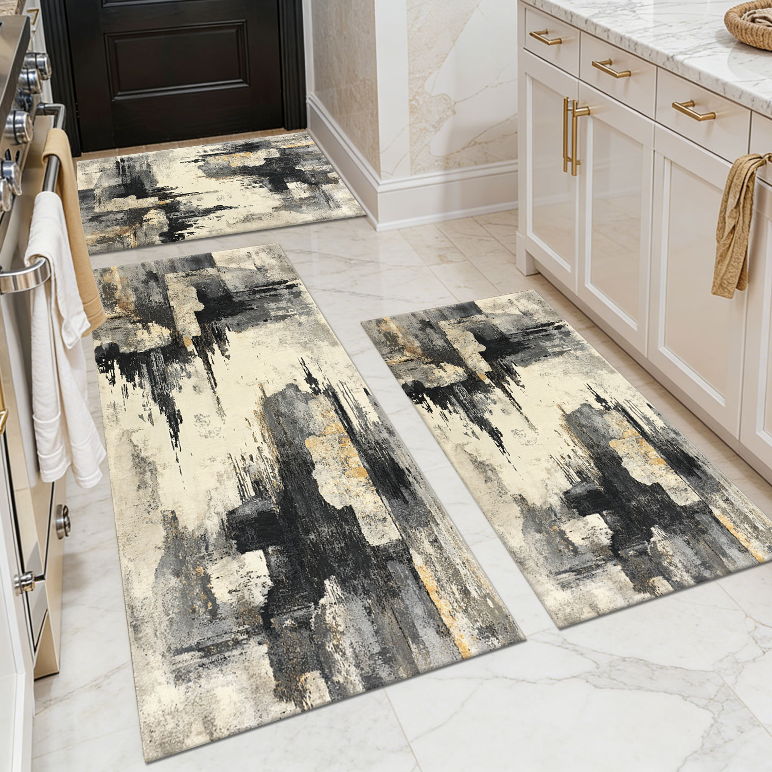 Three-piece kitchen rug set, non-slip and washable, abstract pattern kitchen hallway rug, soft and comfortable, suitable for sinks, floors, entrances, hallways and bathrooms.
