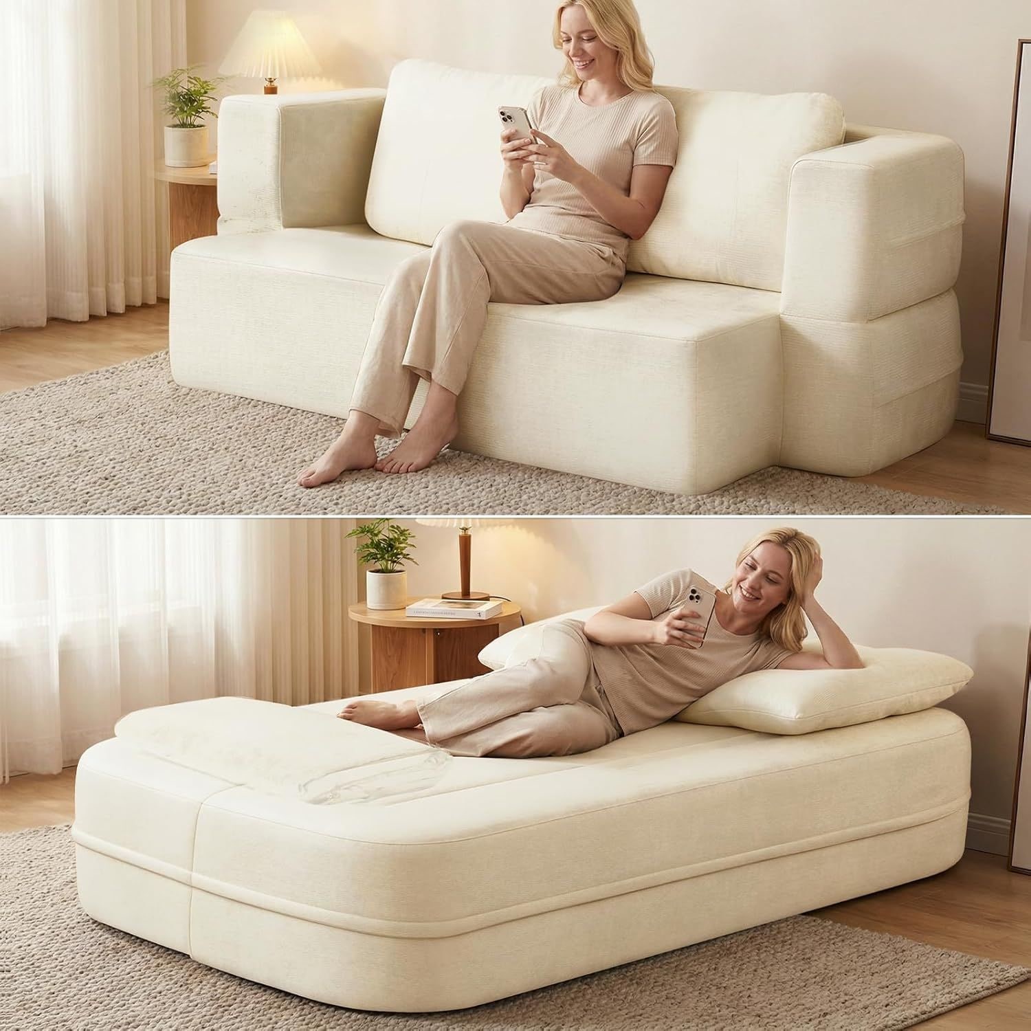 Convertible Sofa Bed with Blanket, Boneless Cloud Couch Queen Scott Fabric for Living Room Bedroom, Modular Loveseat with High-Density Solid Sponge No Assembly