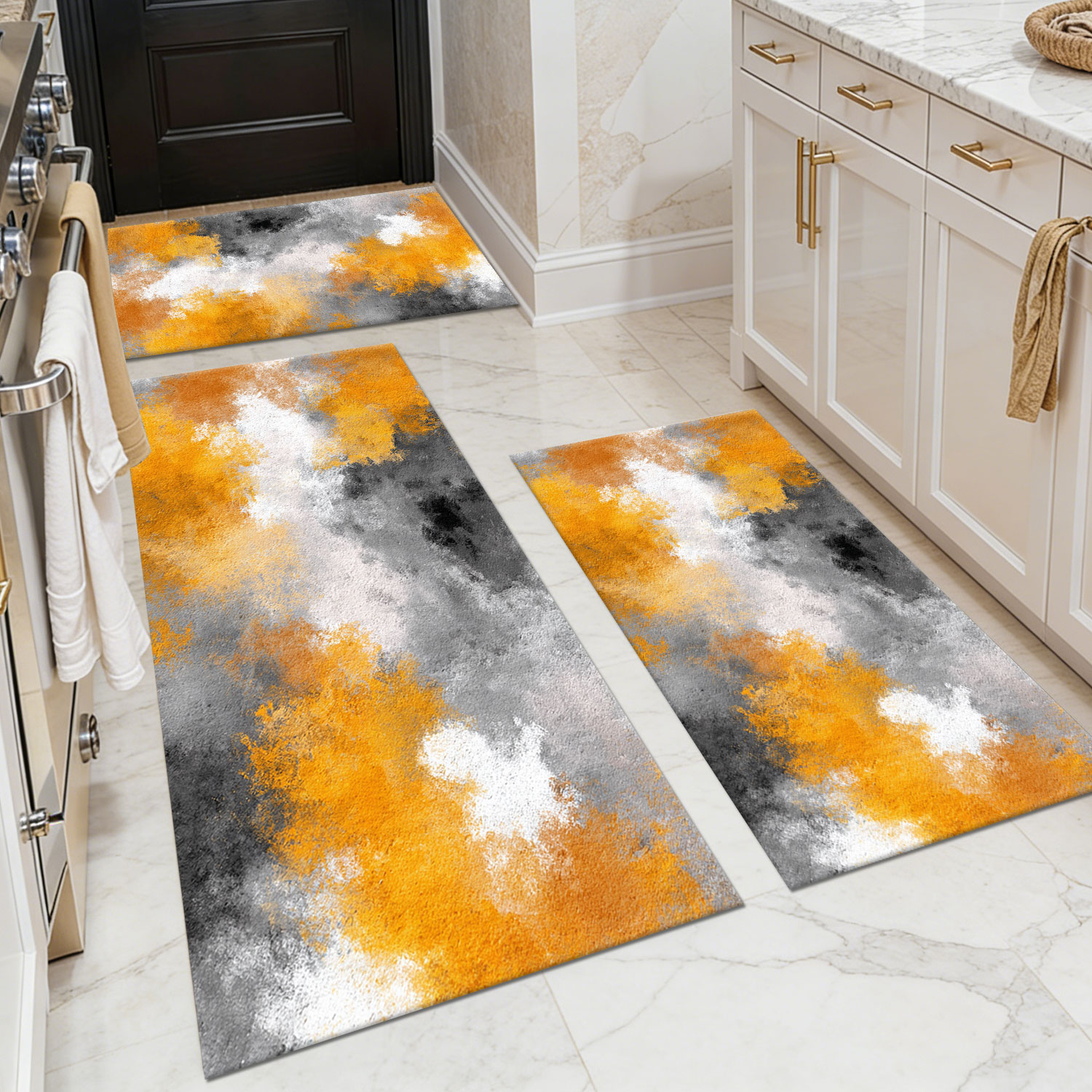 Three-piece kitchen rug set, non-slip and washable, abstract pattern kitchen hallway rug, soft and comfortable, suitable for sinks, floors, entrances, hallways and bathrooms.