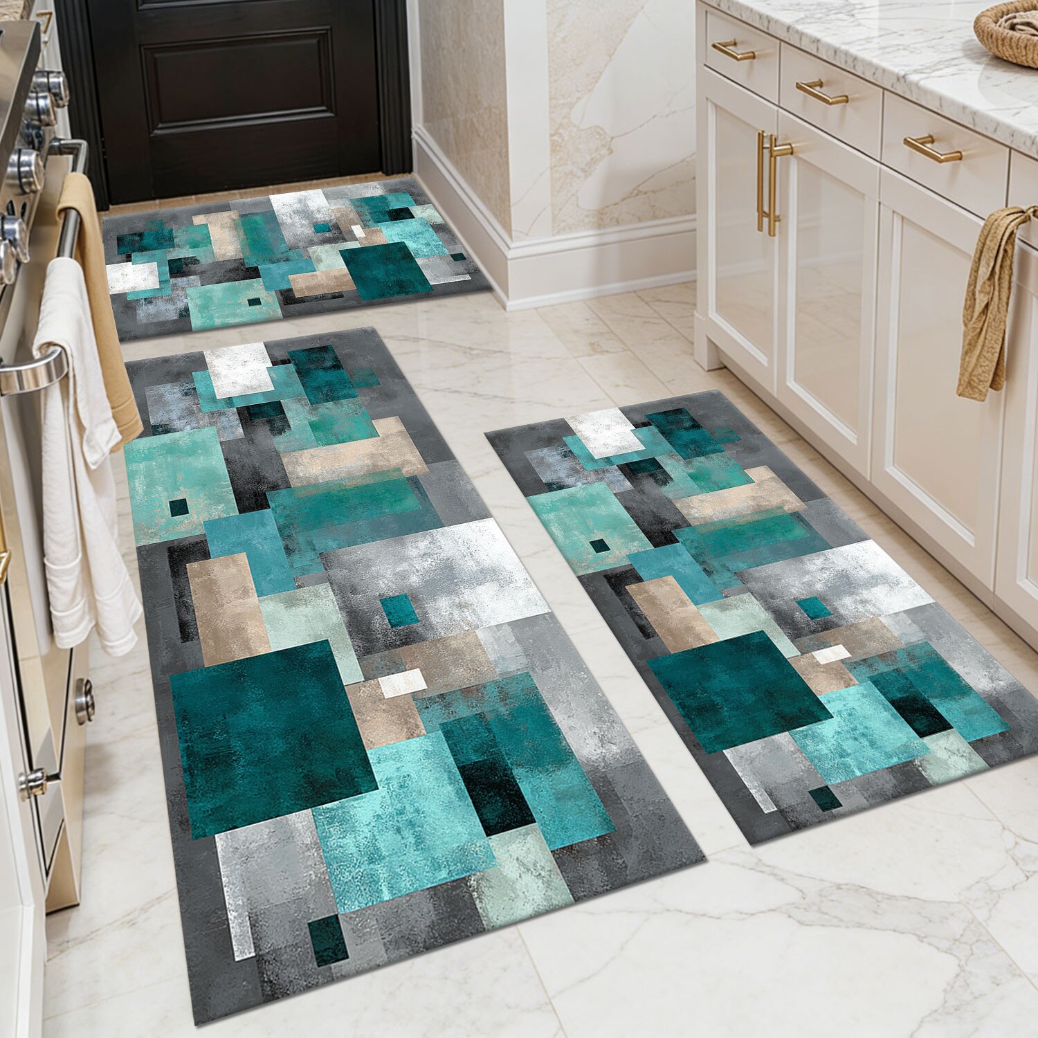Three-piece kitchen rug set, non-slip and washable, abstract pattern kitchen hallway rug, soft and comfortable, suitable for sinks, floors, entrances, hallways and bathrooms.