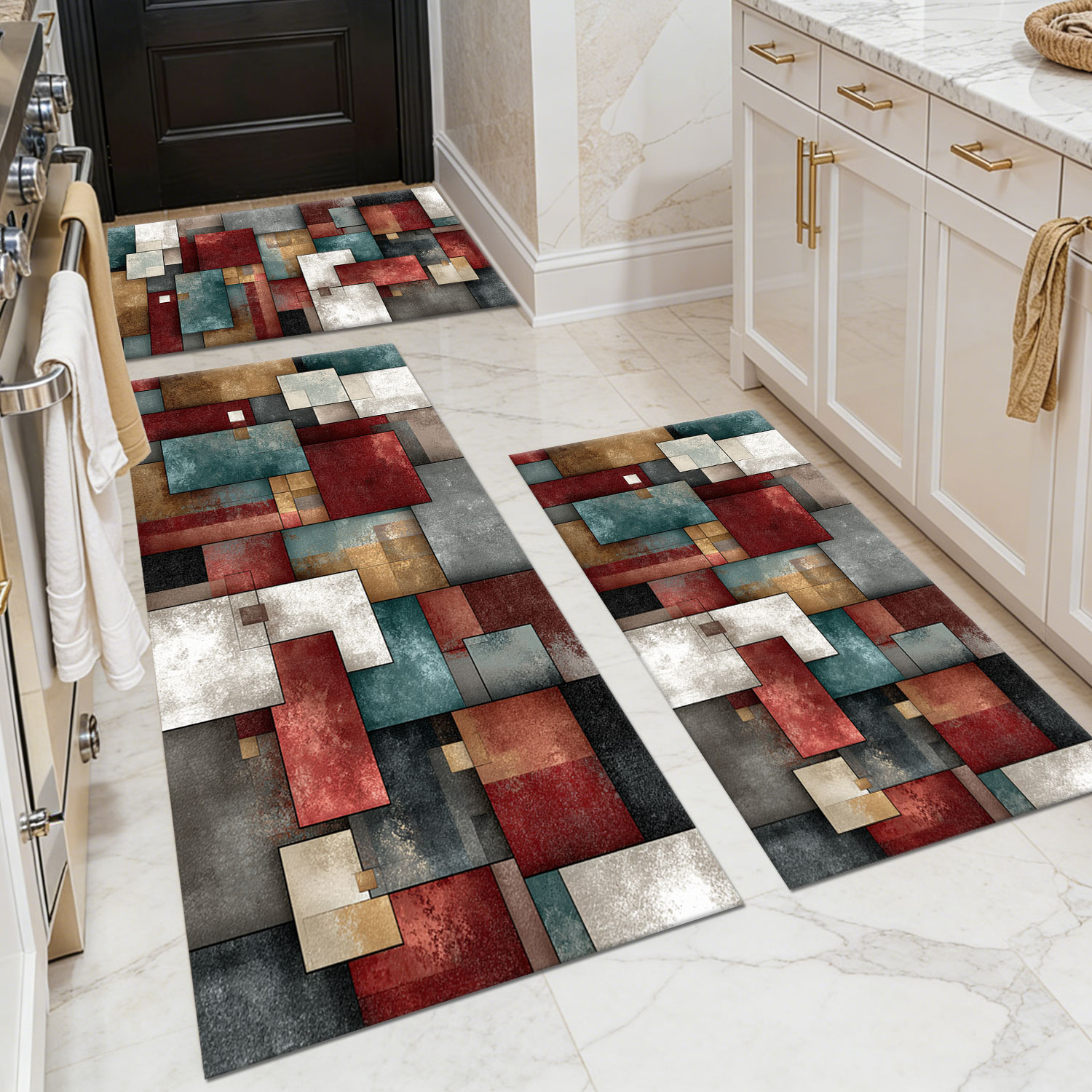 Three-piece kitchen rug set, non-slip and washable, abstract pattern kitchen hallway rug, soft and comfortable, suitable for sinks, floors, entrances, hallways and bathrooms.