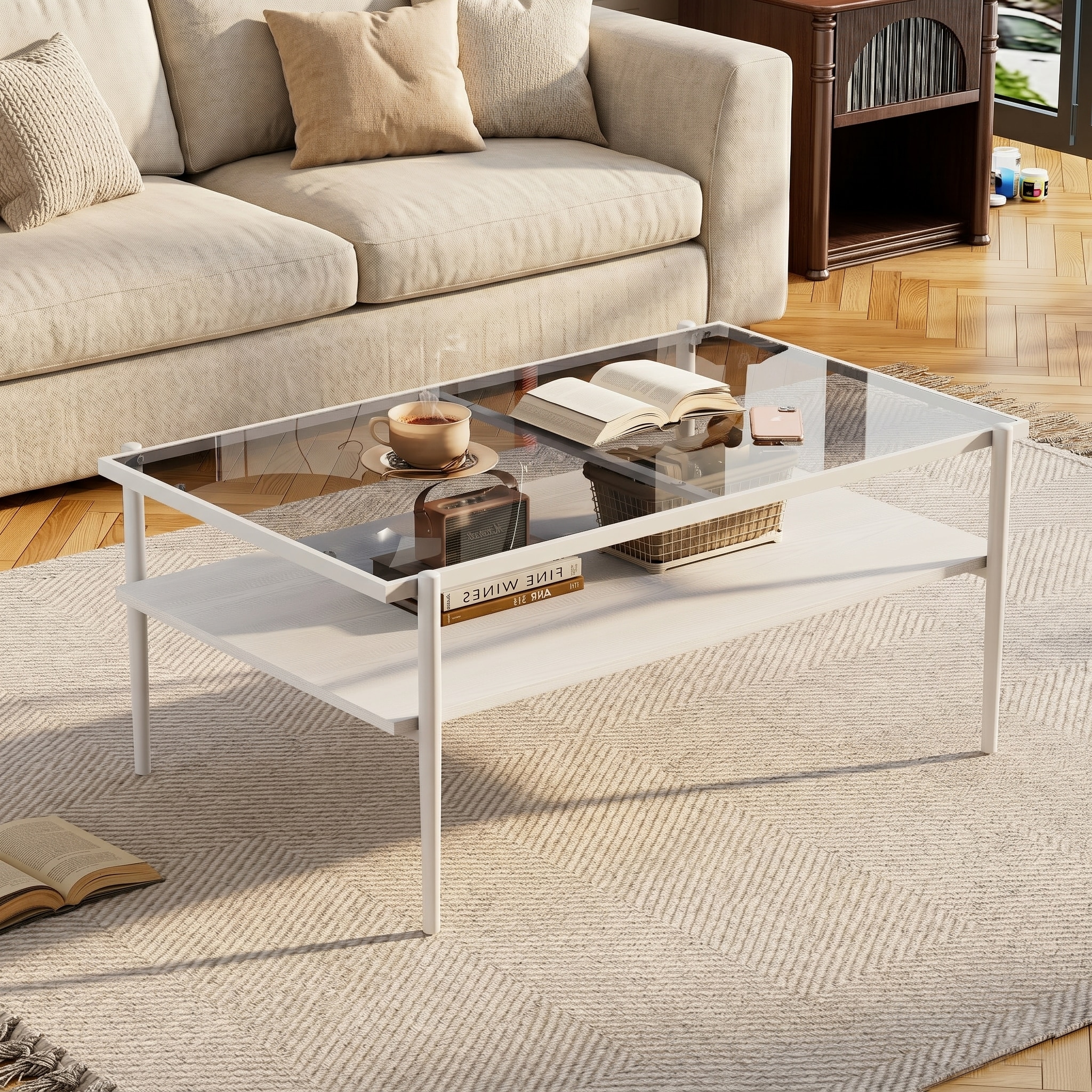 Modern Rectangular Coffee Table with Tempered Gray Glass Top and MDF Layer – Table for Living Room,White Legs