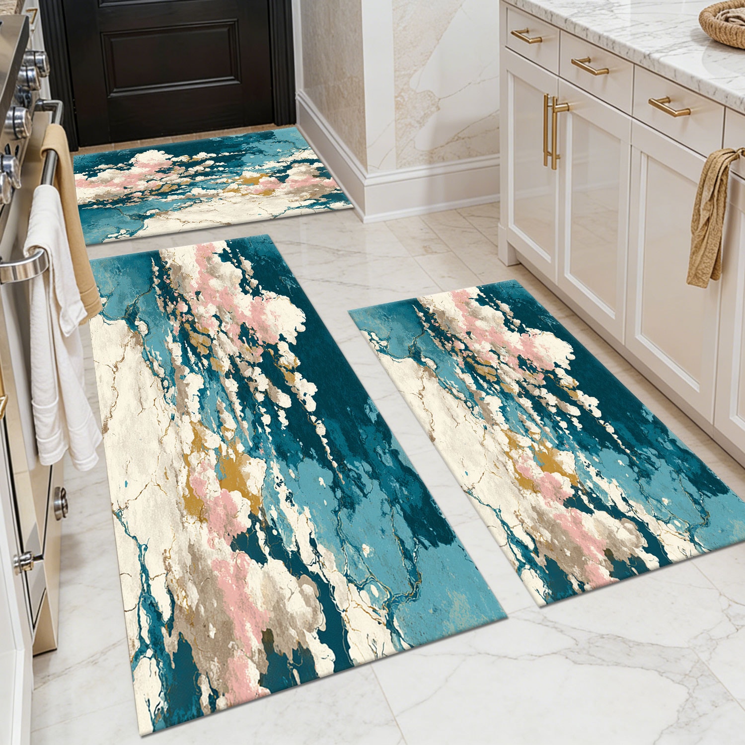 Three-piece kitchen rug set, non-slip and washable, abstract pattern kitchen hallway rug, soft and comfortable, suitable for sinks, floors, entrances, hallways and bathrooms.