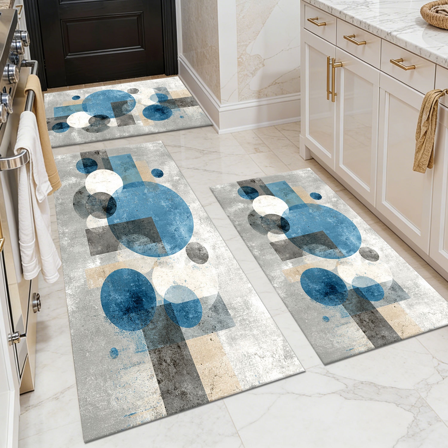 Three-piece kitchen rug set, non-slip and washable, abstract pattern kitchen hallway rug, soft and comfortable, suitable for sinks, floors, entrances, hallways and bathrooms.