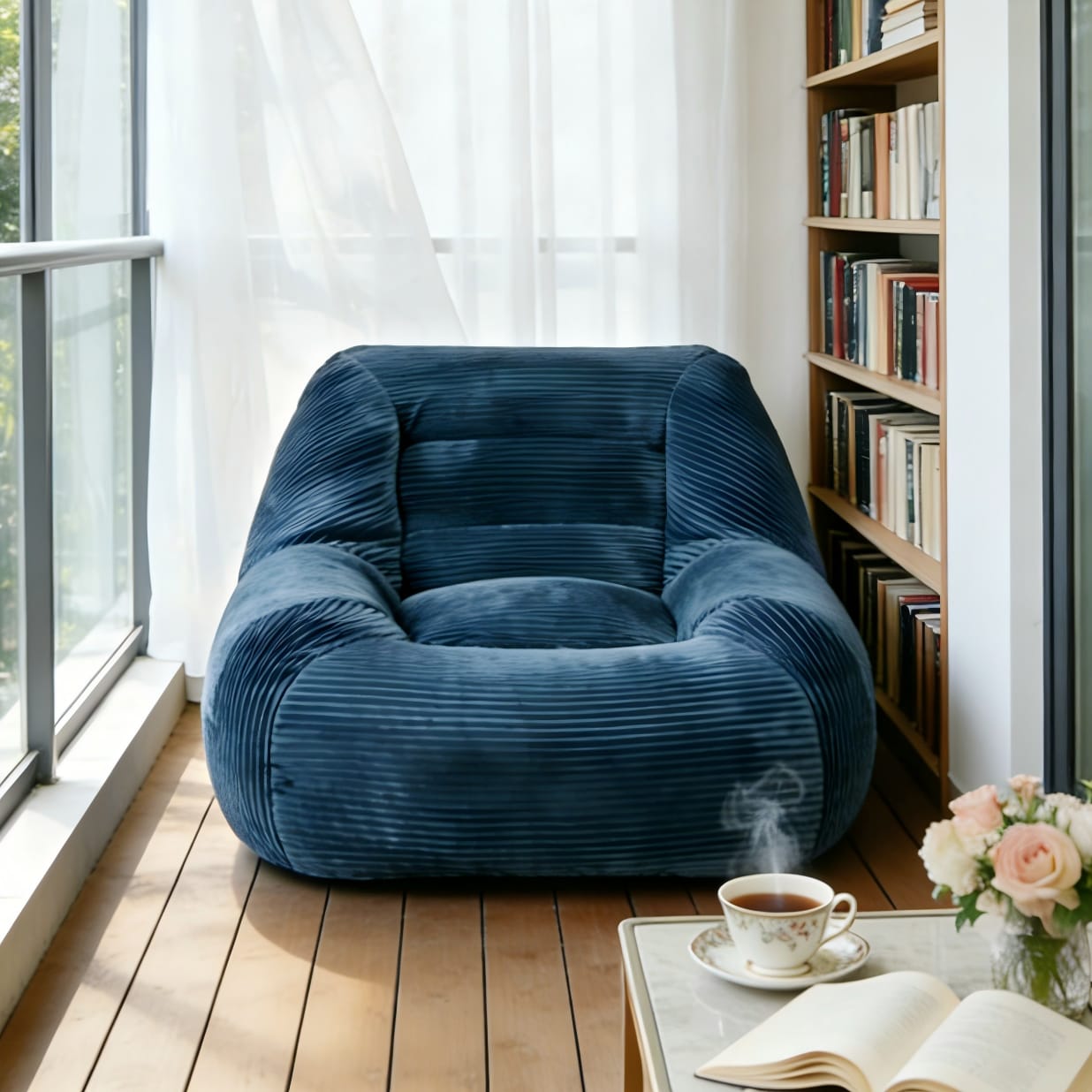 Corduroy Fabric Beanbag Couch for Living Room, Bedroom & Dorm, Cozy Fluffy Cloud Mini Couch,BLUE