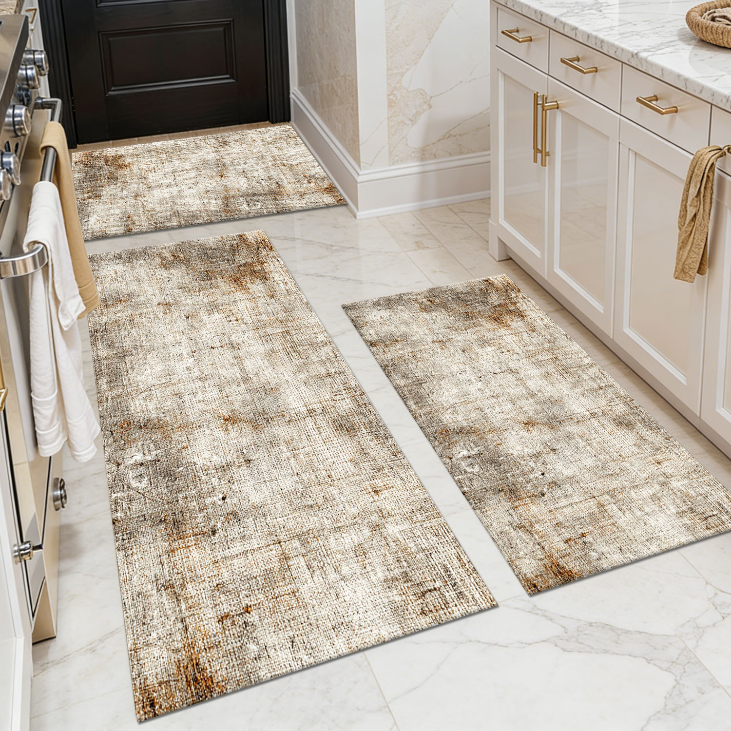 Three-piece kitchen rug set, non-slip and washable, abstract pattern kitchen hallway rug, soft and comfortable, suitable for sinks, floors, entrances, hallways and bathrooms.