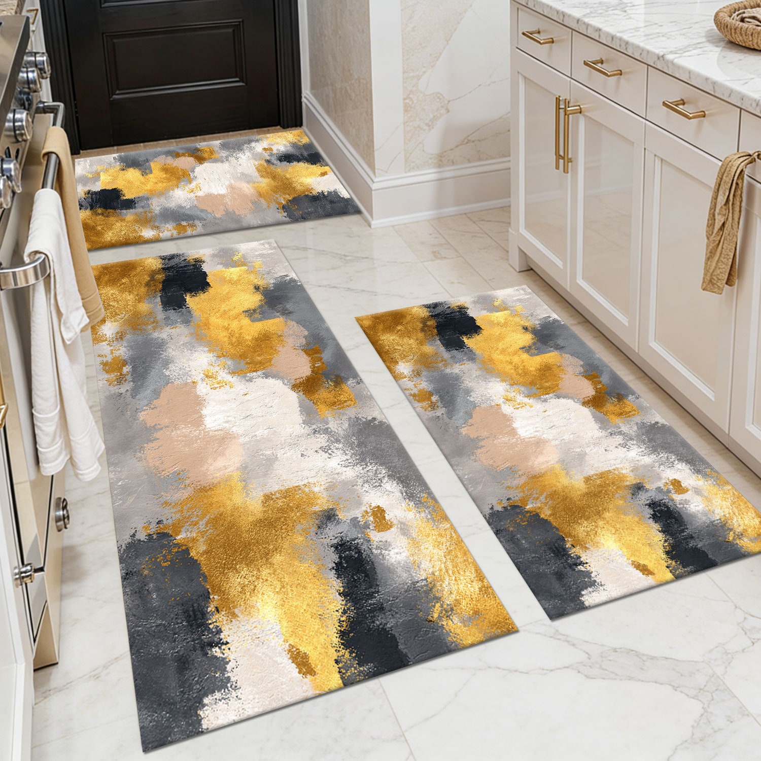 Three-piece kitchen rug set, non-slip and washable, abstract pattern kitchen hallway rug, soft and comfortable, suitable for sinks, floors, entrances, hallways and bathrooms.