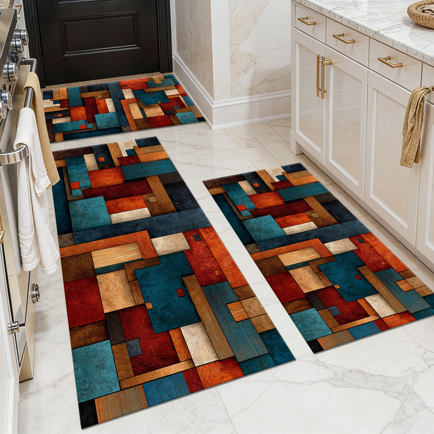 Three-piece kitchen rug set, non-slip and washable, abstract pattern kitchen hallway rug, soft and comfortable, suitable for sinks, floors, entrances, hallways and bathrooms.