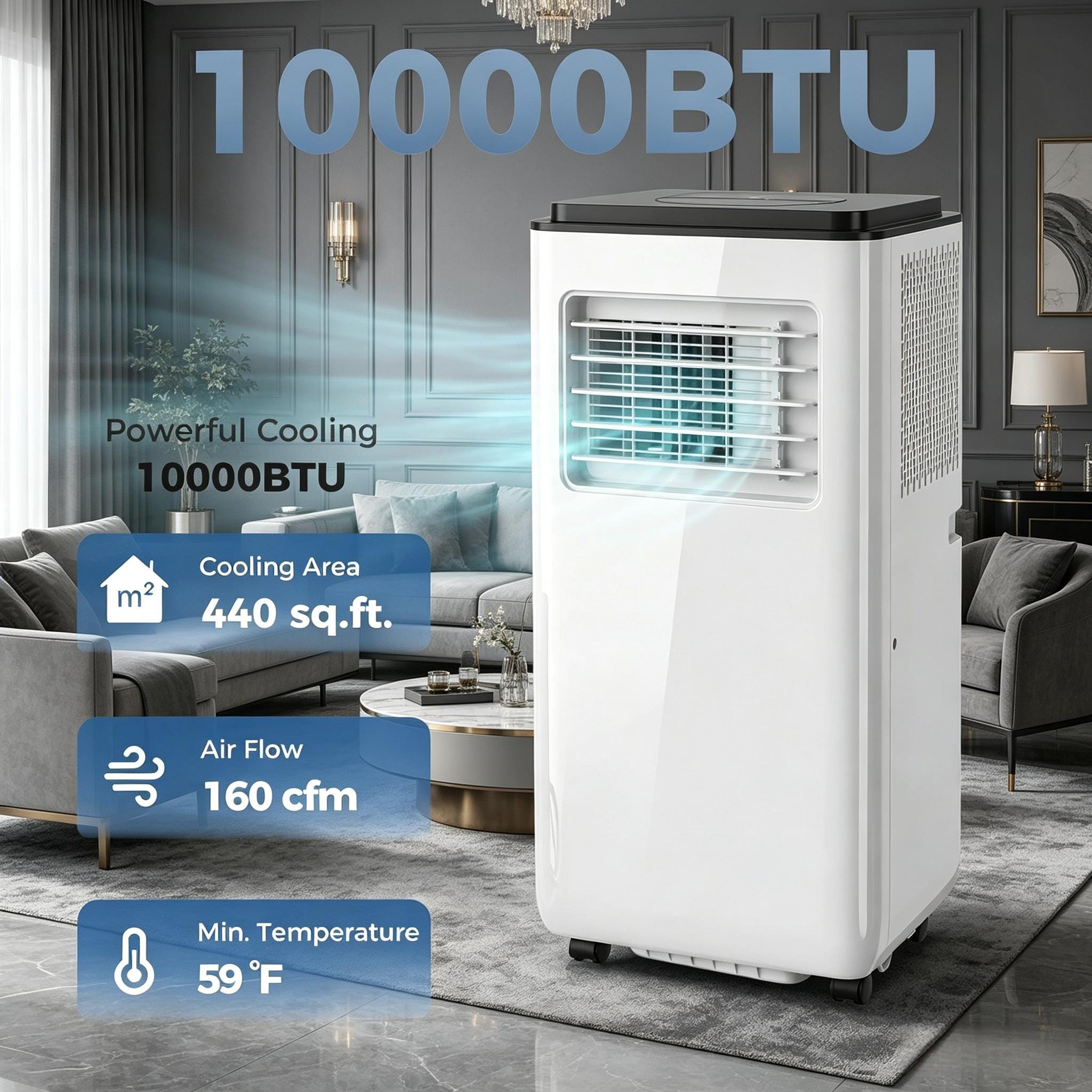 10,000 BTU Moible Air Conditioner 440 Sq. Ft., Dehumidifier Fan Auto Sleep with 24H Timer On/Off, Window Kit