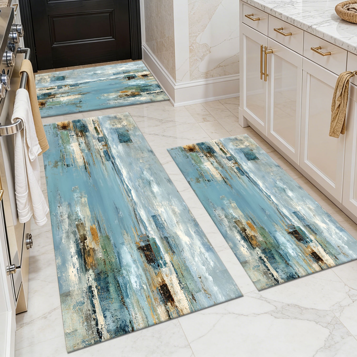 Three-piece kitchen rug set, non-slip and washable, abstract pattern kitchen hallway rug, soft and comfortable, suitable for sinks, floors, entrances, hallways and bathrooms.
