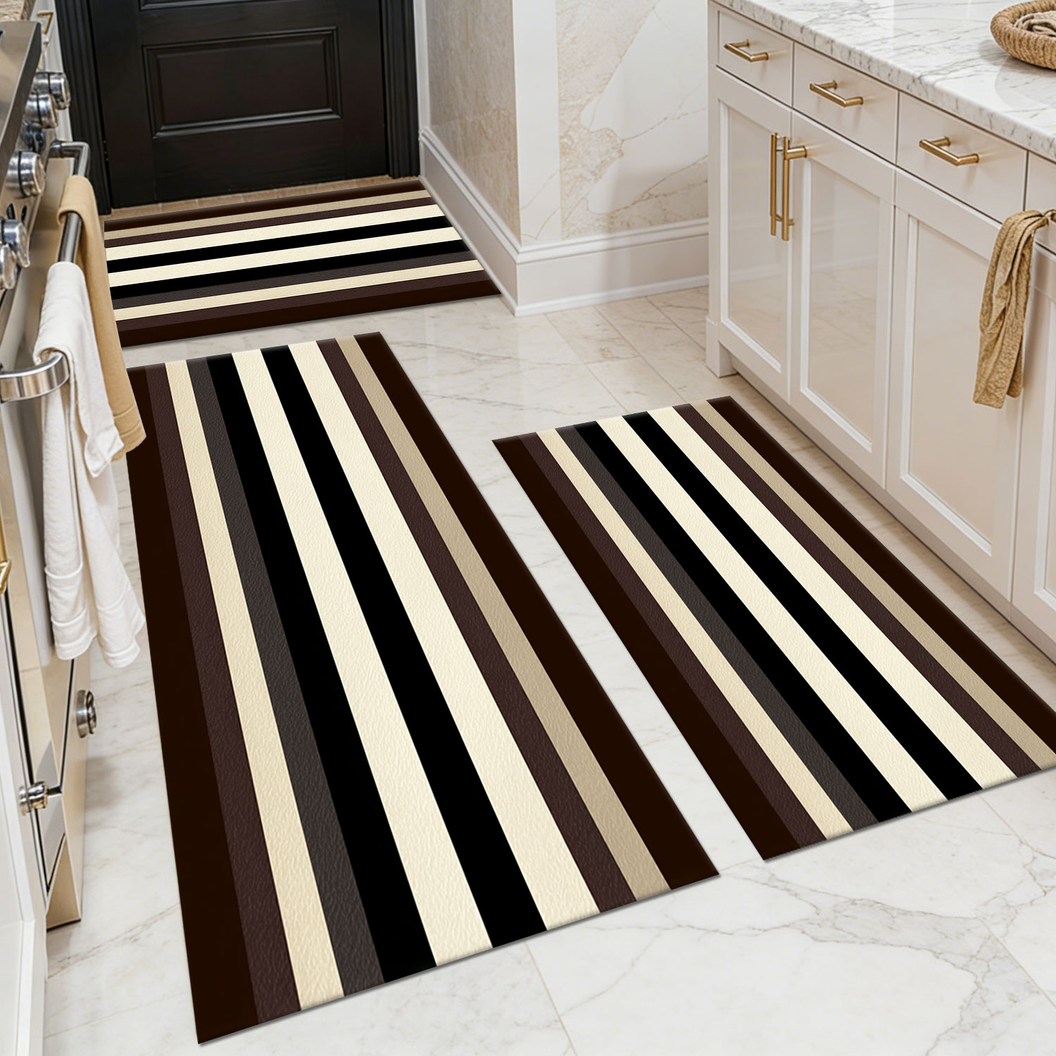 Three-piece kitchen rug set, non-slip and washable, abstract pattern kitchen hallway rug, soft and comfortable, suitable for sinks, floors, entrances, hallways and bathrooms.