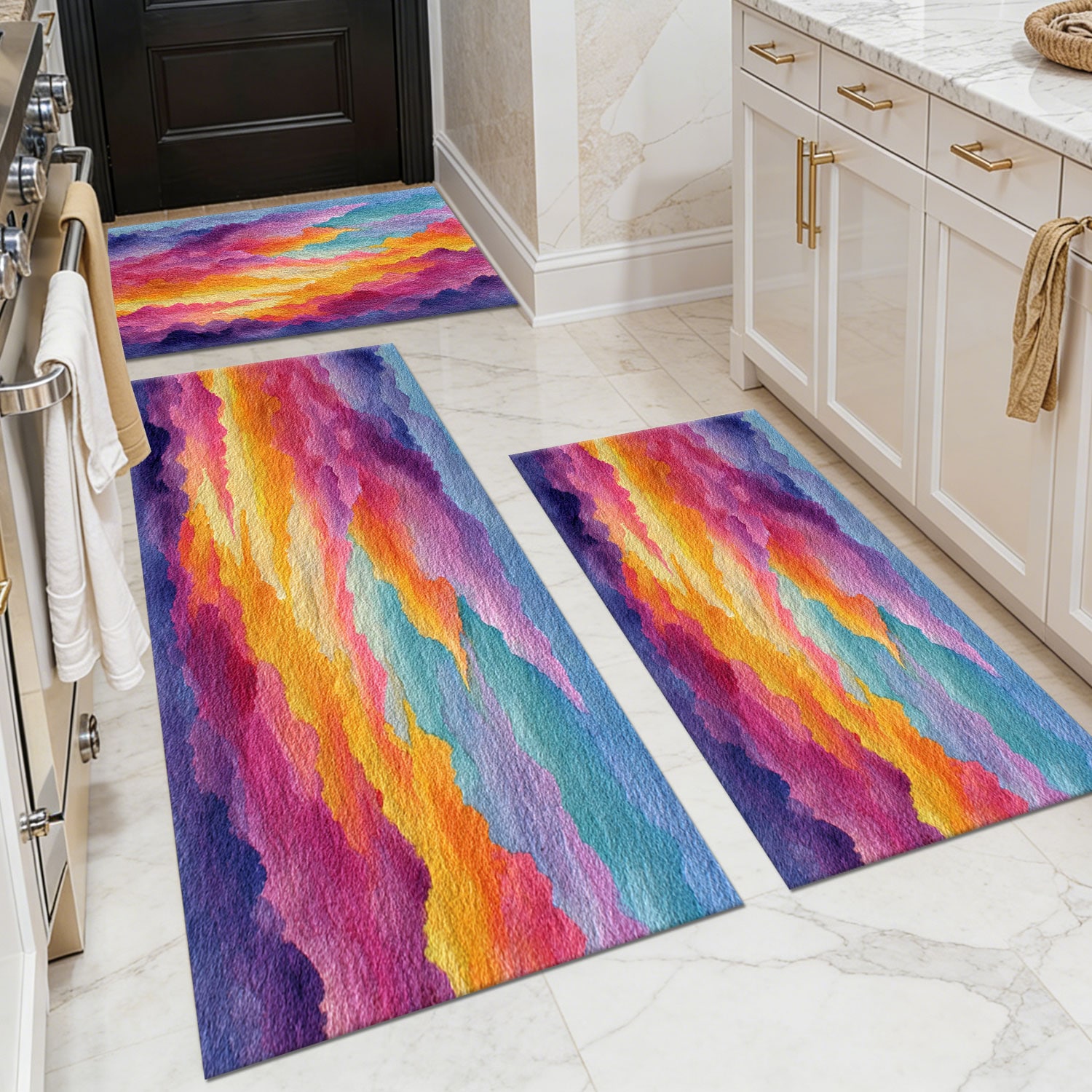 Three-piece kitchen rug set, non-slip and washable, abstract pattern kitchen hallway rug, soft and comfortable, suitable for sinks, floors, entrances, hallways and bathrooms.