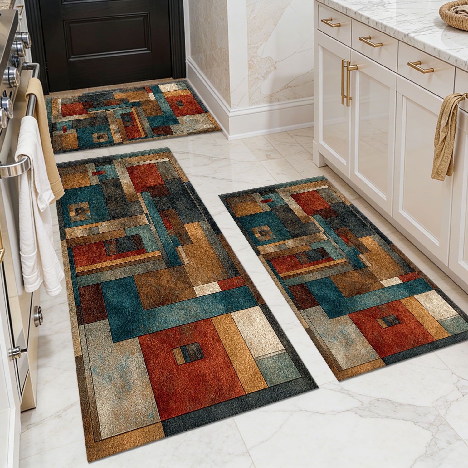 Three-piece kitchen rug set, non-slip and washable, abstract pattern kitchen hallway rug, soft and comfortable, suitable for sinks, floors, entrances, hallways and bathrooms.