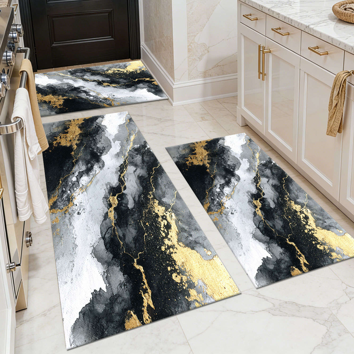 Three-piece kitchen rug set, non-slip and washable, abstract pattern kitchen hallway rug, soft and comfortable, suitable for sinks, floors, entrances, hallways and bathrooms.