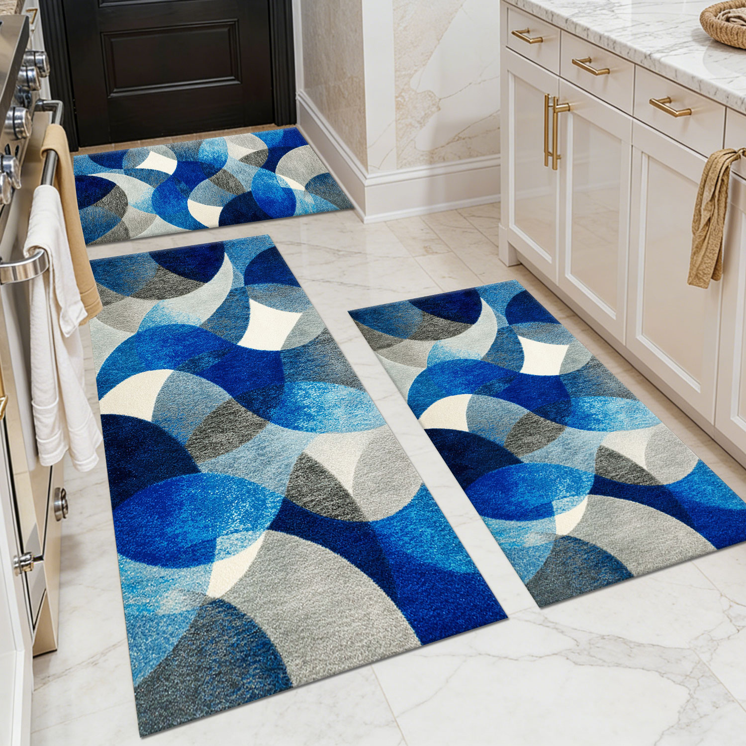 Three-piece kitchen rug set, non-slip and washable, abstract pattern kitchen hallway rug, soft and comfortable, suitable for sinks, floors, entrances, hallways and bathrooms.