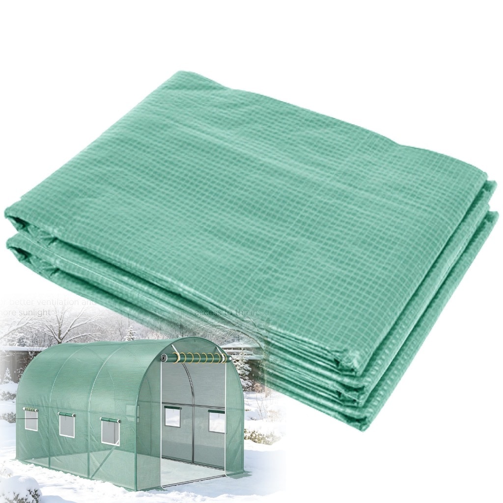 绿色 9.8' x 6.6' x 6.6' 塑料温室罩更换件，适用于拱形温室的加厚防水篷布，带6个窗户、门和加固网格