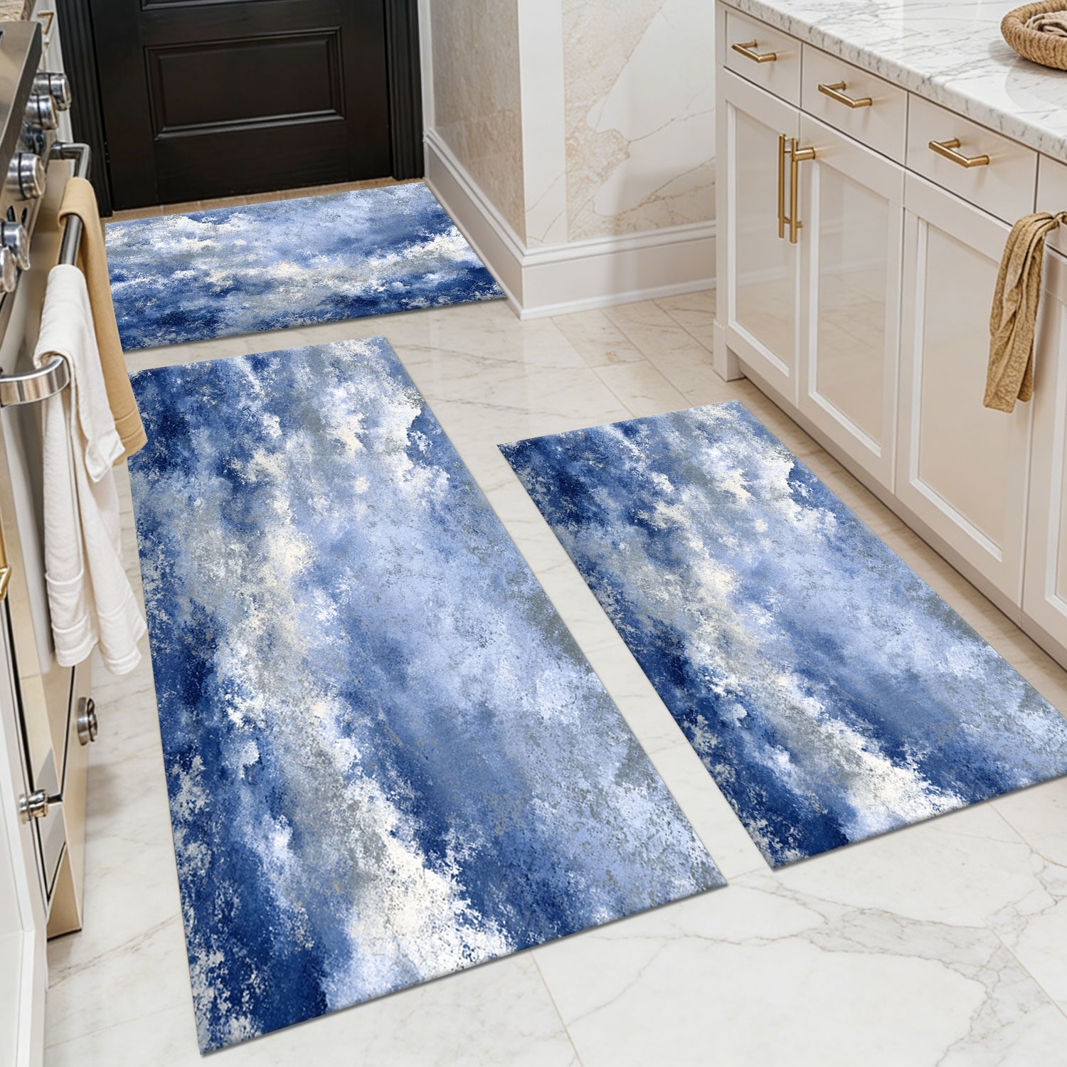 Three-piece kitchen rug set, non-slip and washable, abstract pattern kitchen hallway rug, soft and comfortable, suitable for sinks, floors, entrances, hallways and bathrooms.