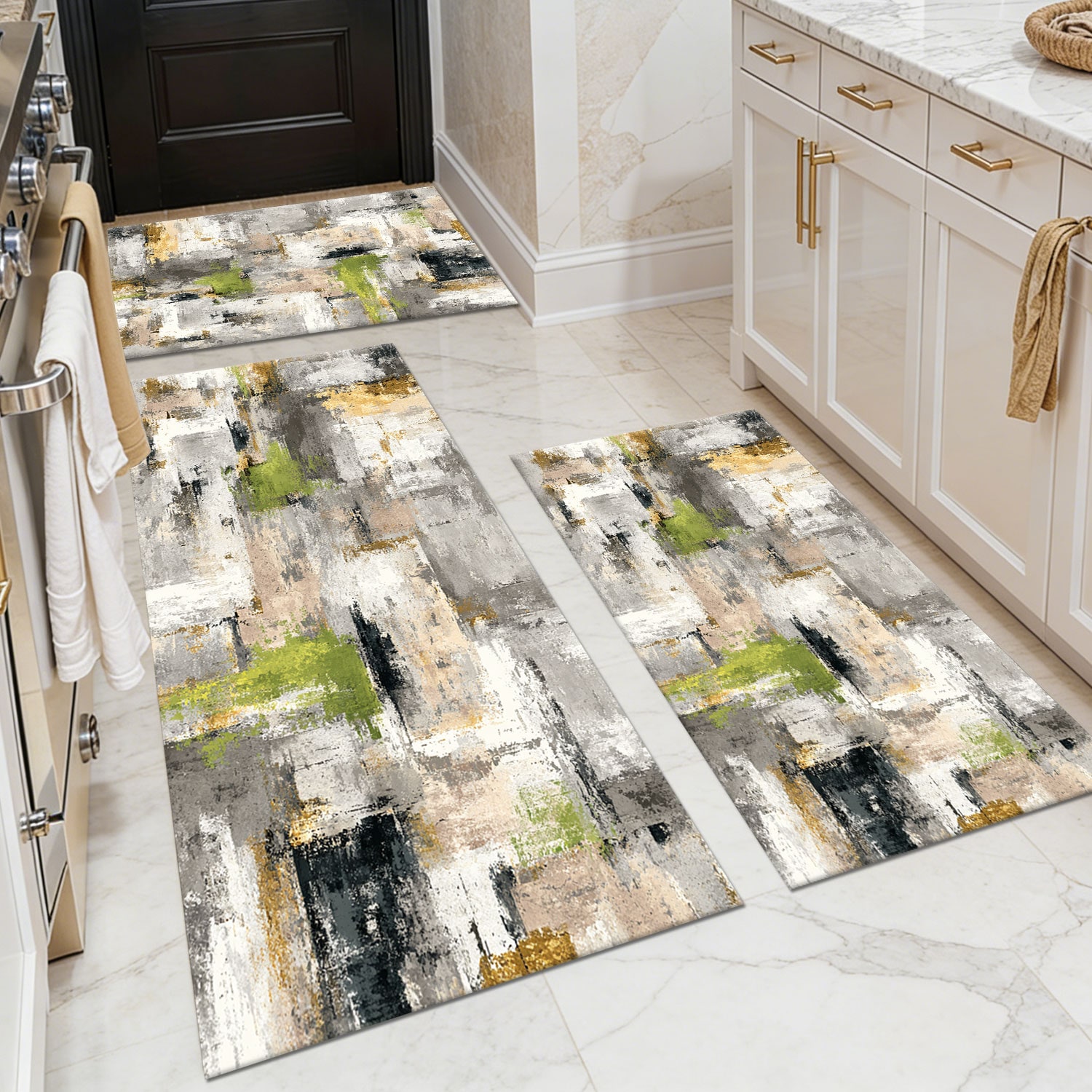 Three-piece kitchen rug set, non-slip and washable, abstract pattern kitchen hallway rug, soft and comfortable, suitable for sinks, floors, entrances, hallways and bathrooms.