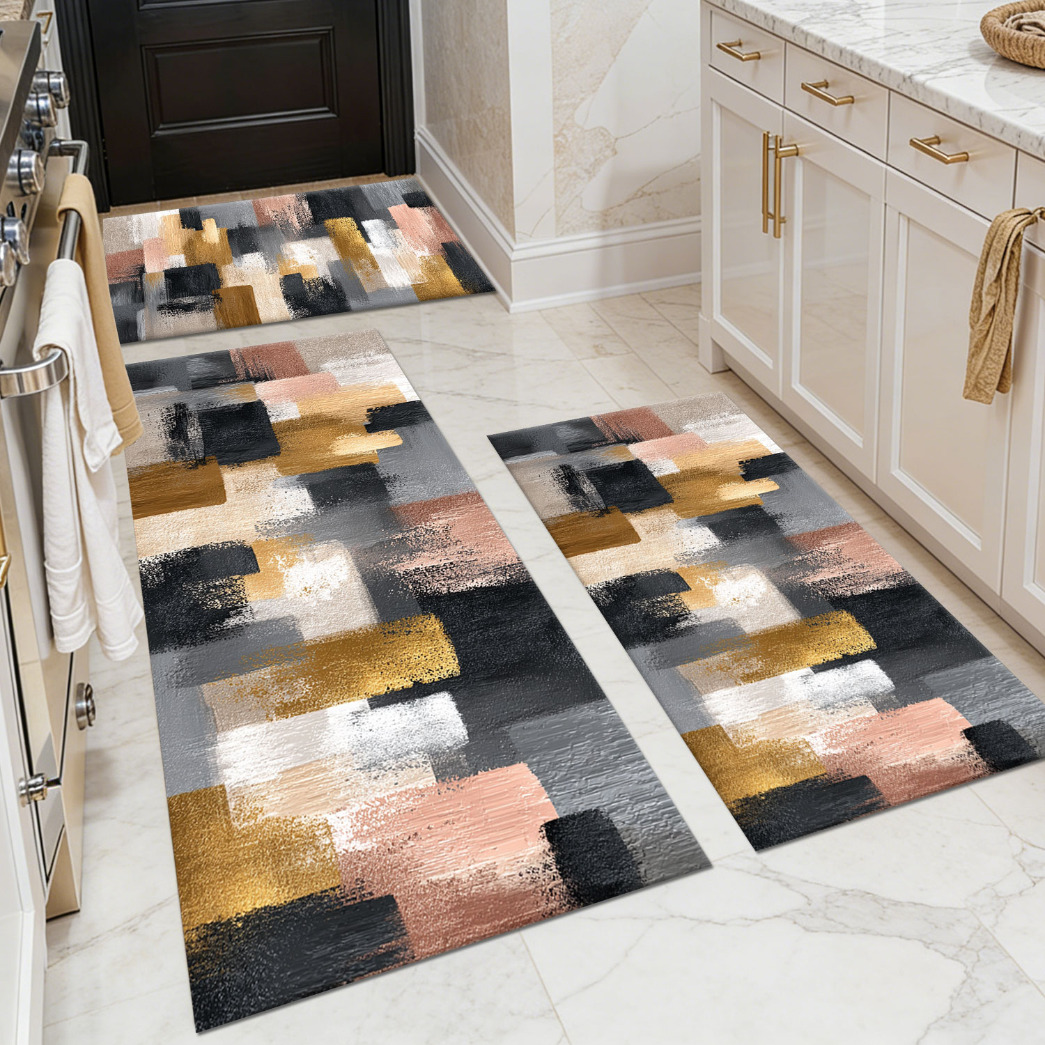 Three-piece kitchen rug set, non-slip and washable, abstract pattern kitchen hallway rug, soft and comfortable, suitable for sinks, floors, entrances, hallways and bathrooms.