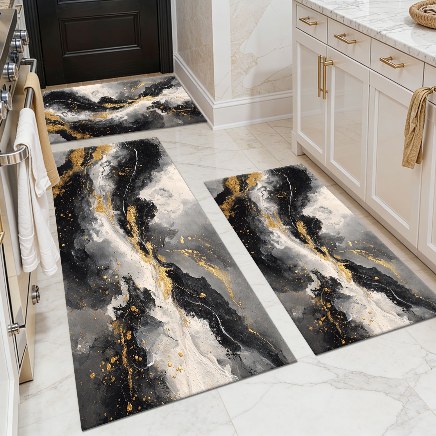 Three-piece kitchen rug set, non-slip and washable, abstract pattern kitchen hallway rug, soft and comfortable, suitable for sinks, floors, entrances, hallways and bathrooms.