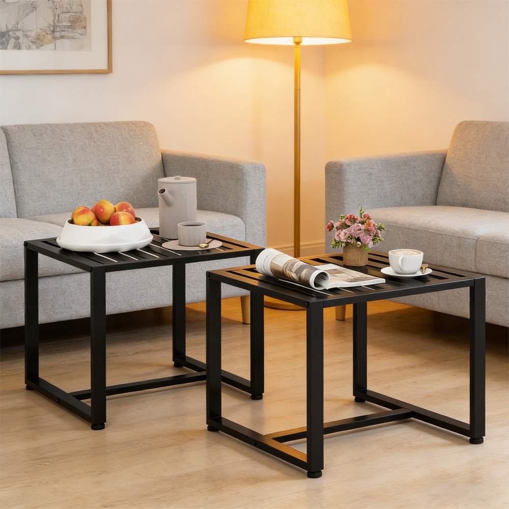 Set of 2 Metal End Tables with Slatted Tabletop for Living Rooms, Guest Rooms, Reading Rooms, Offices, Etc