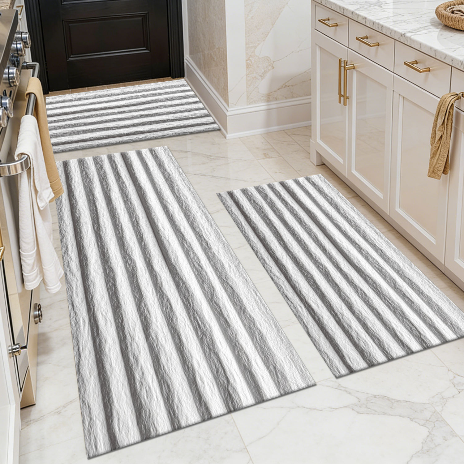 Three-piece kitchen rug set, non-slip and washable, abstract pattern kitchen hallway rug, soft and comfortable, suitable for sinks, floors, entrances, hallways and bathrooms.