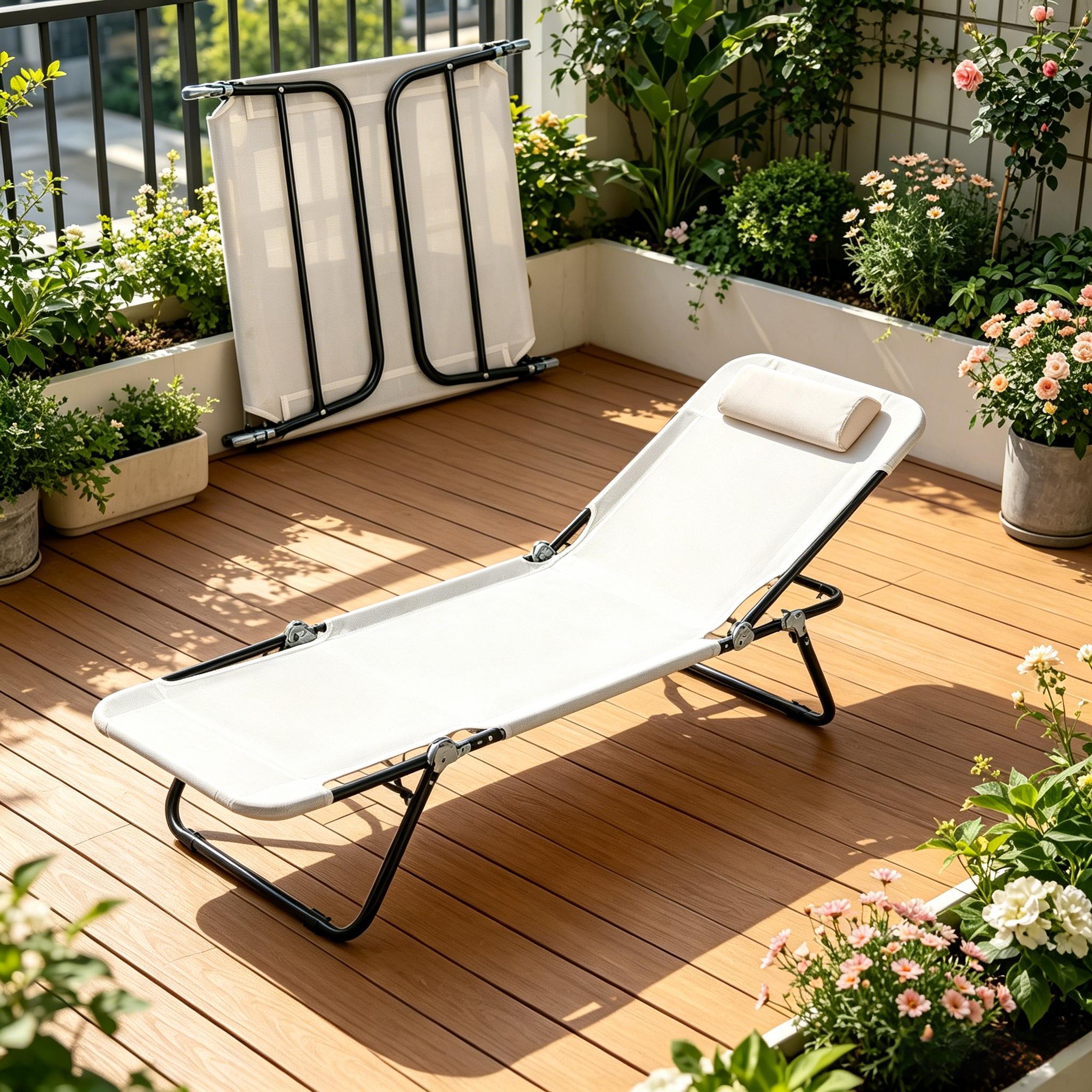 Cream White Folding Chaise Lounge Chair, Pool Sun Tanning Chair, Outdoor Lounge Chair with Reclining Back, Breathable Mesh Seat, Headrest