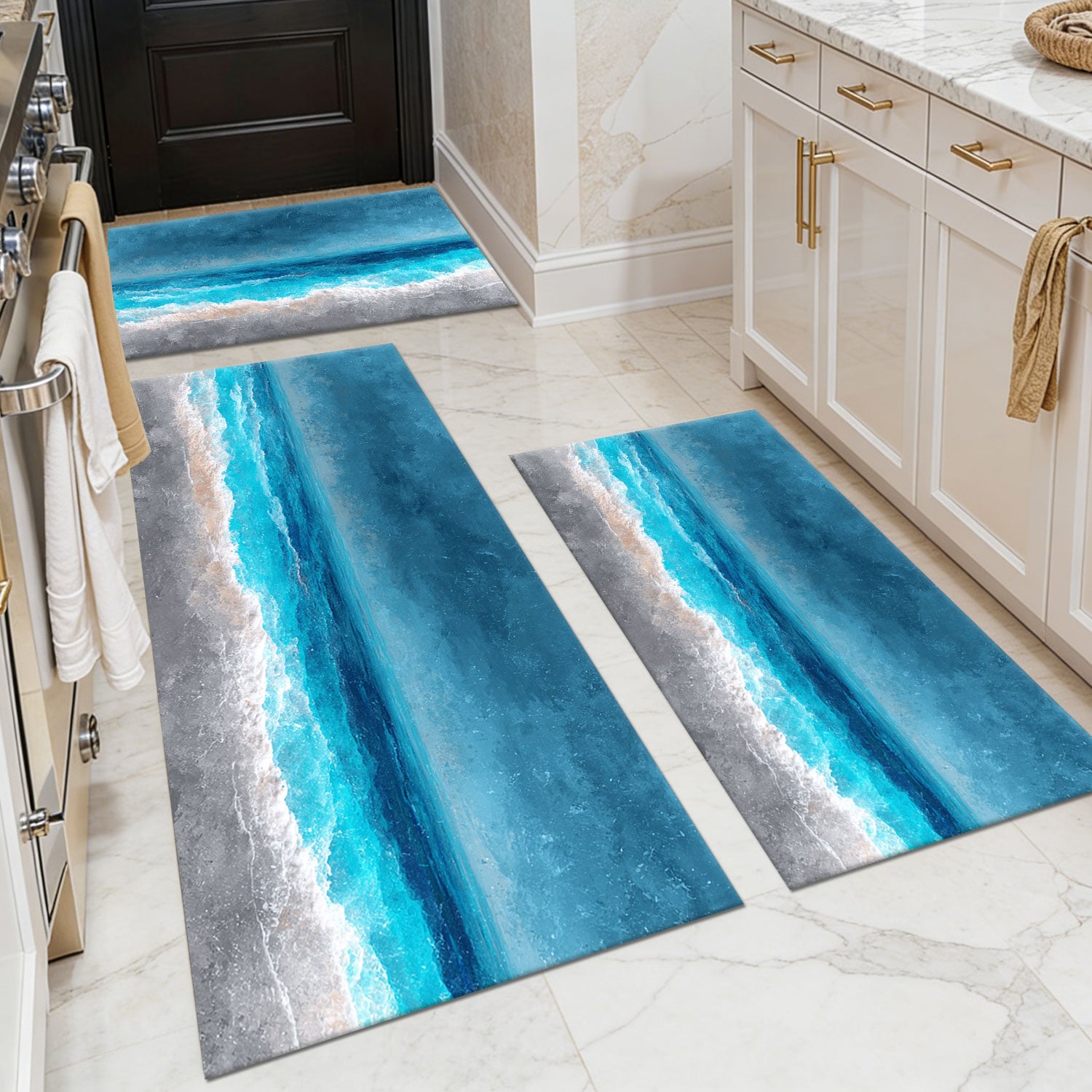 Three-piece kitchen rug set, non-slip and washable, abstract pattern kitchen hallway rug, soft and comfortable, suitable for sinks, floors, entrances, hallways and bathrooms.