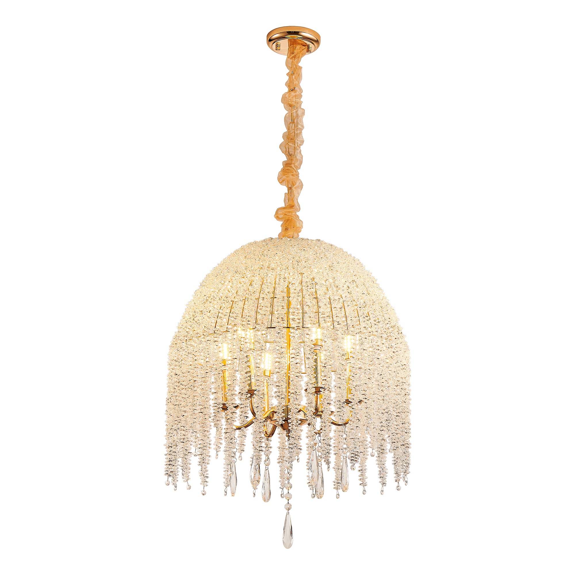20 Inch 6-Light K9 Crystal Pendant Light Chandelier– Elegant Waterfall Design with Cascading Crystal Bead Strings and Gold Finish for Living Room, Bedroom, or Dining Area (Bulb Not Included)