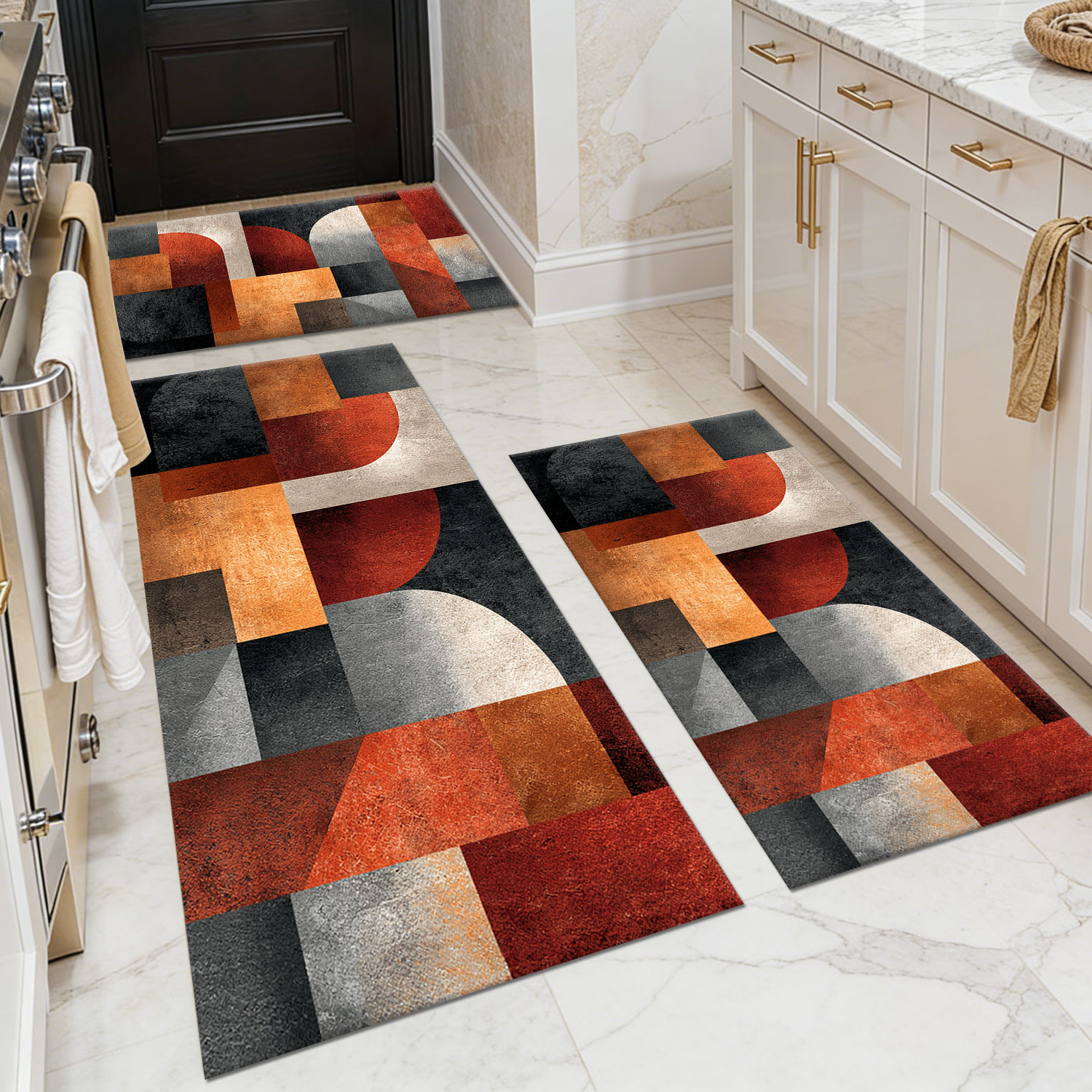 Three-piece kitchen rug set, non-slip and washable, abstract pattern kitchen hallway rug, soft and comfortable, suitable for sinks, floors, entrances, hallways and bathrooms.
