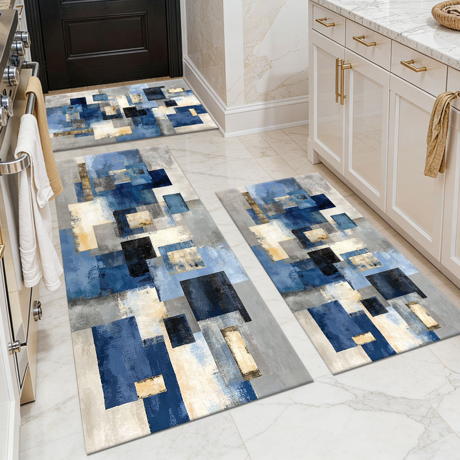 Three-piece kitchen rug set, non-slip and washable, abstract pattern kitchen hallway rug, soft and comfortable, suitable for sinks, floors, entrances, hallways and bathrooms.