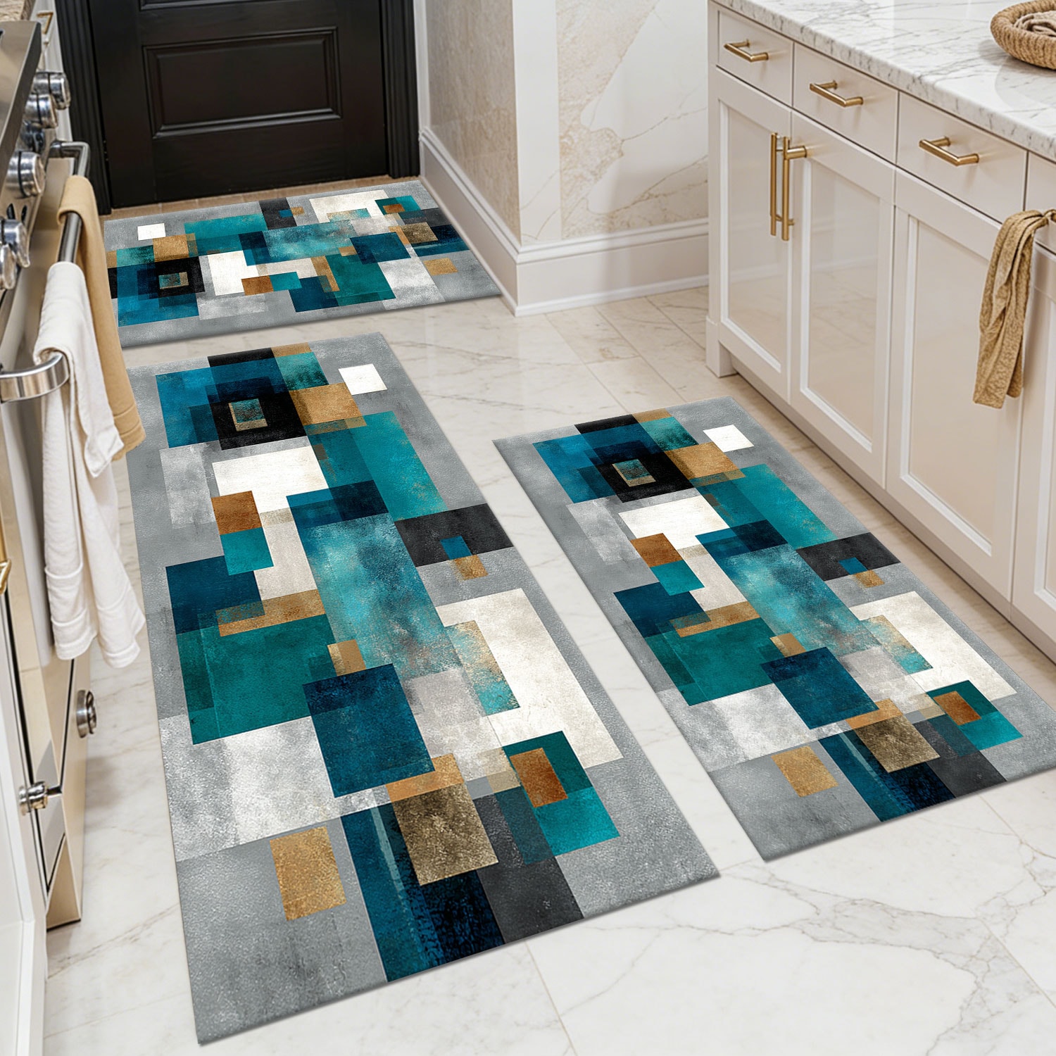 Three-piece kitchen rug set, non-slip and washable, abstract pattern kitchen hallway rug, soft and comfortable, suitable for sinks, floors, entrances, hallways and bathrooms.