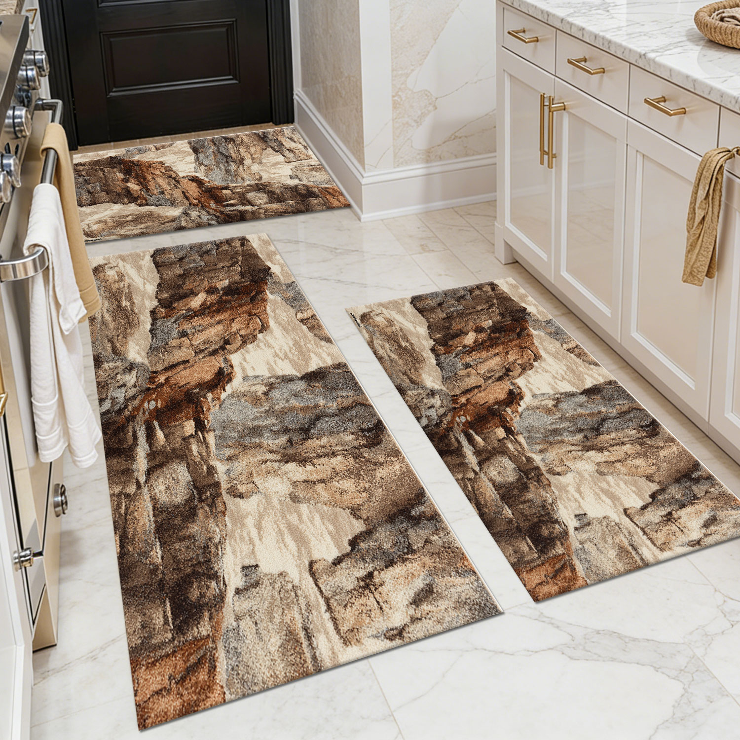 Three-piece kitchen rug set, non-slip and washable, abstract pattern kitchen hallway rug, soft and comfortable, suitable for sinks, floors, entrances, hallways and bathrooms.