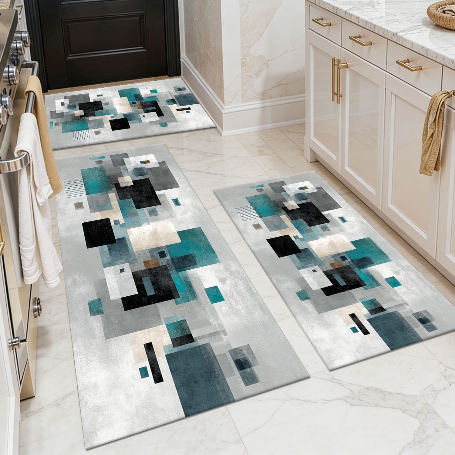 Three-piece kitchen rug set, non-slip and washable, abstract pattern kitchen hallway rug, soft and comfortable, suitable for sinks, floors, entrances, hallways and bathrooms.