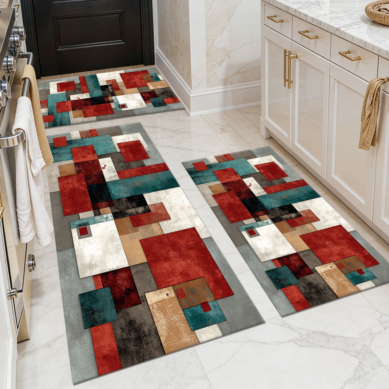 Three-piece kitchen rug set, non-slip and washable, abstract pattern kitchen hallway rug, soft and comfortable, suitable for sinks, floors, entrances, hallways and bathrooms.