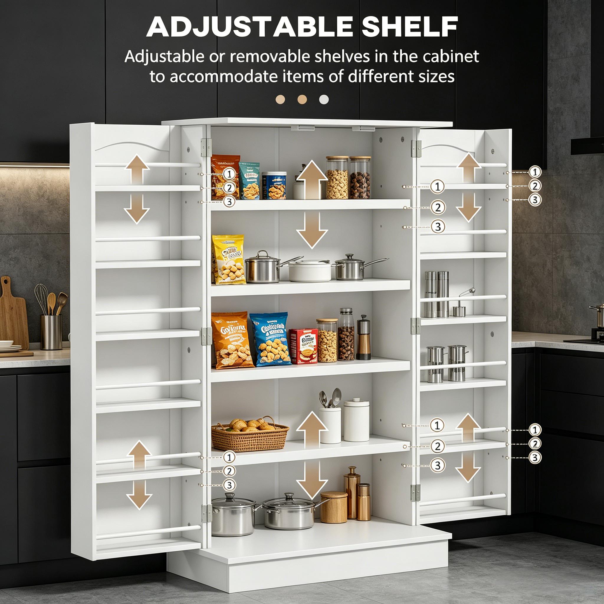Paper White Freestanding Kitchen Pantry Cabinet, Kitchen Cabinet with 12 Door Shelves