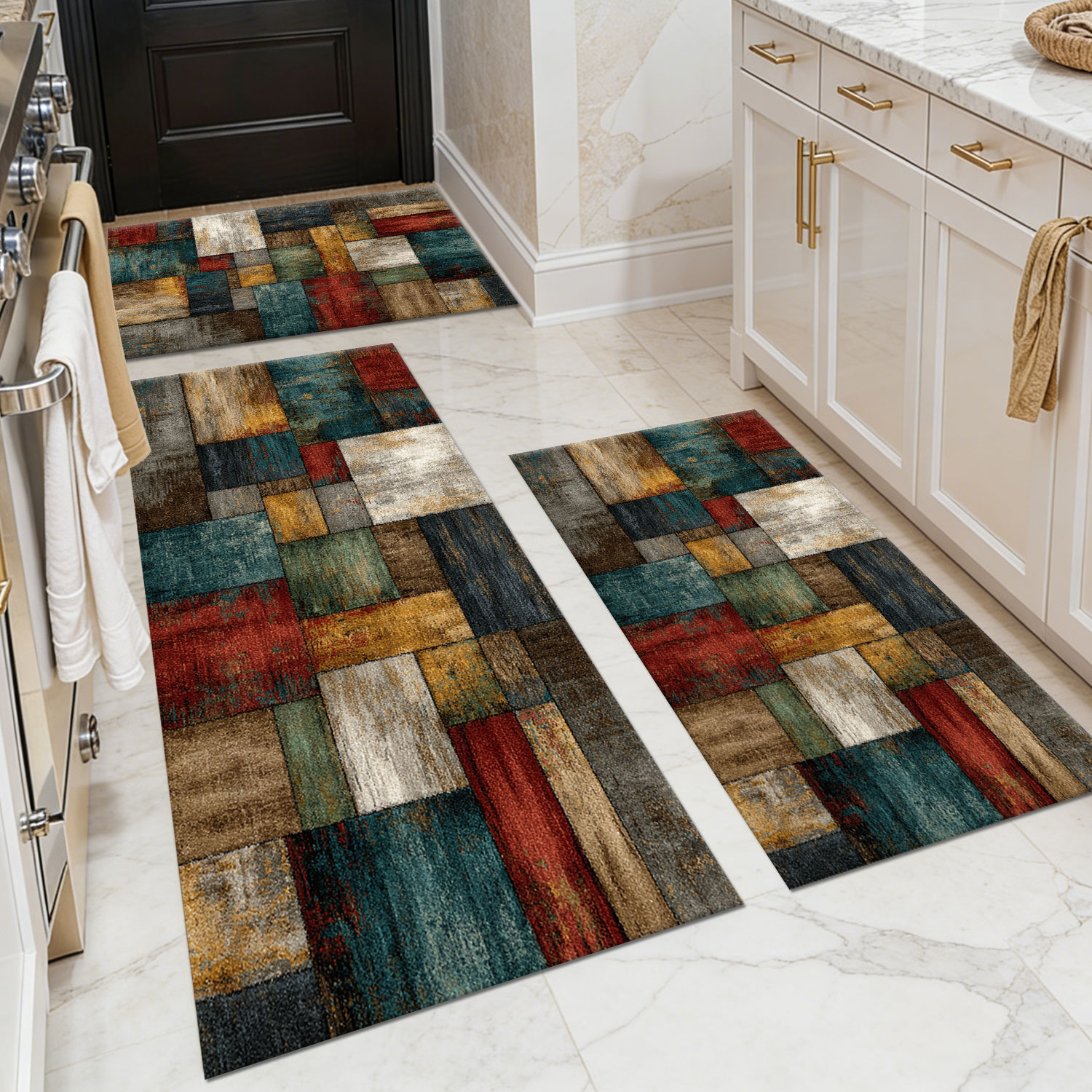 Three-piece kitchen rug set, non-slip and washable, abstract pattern kitchen hallway rug, soft and comfortable, suitable for sinks, floors, entrances, hallways and bathrooms.