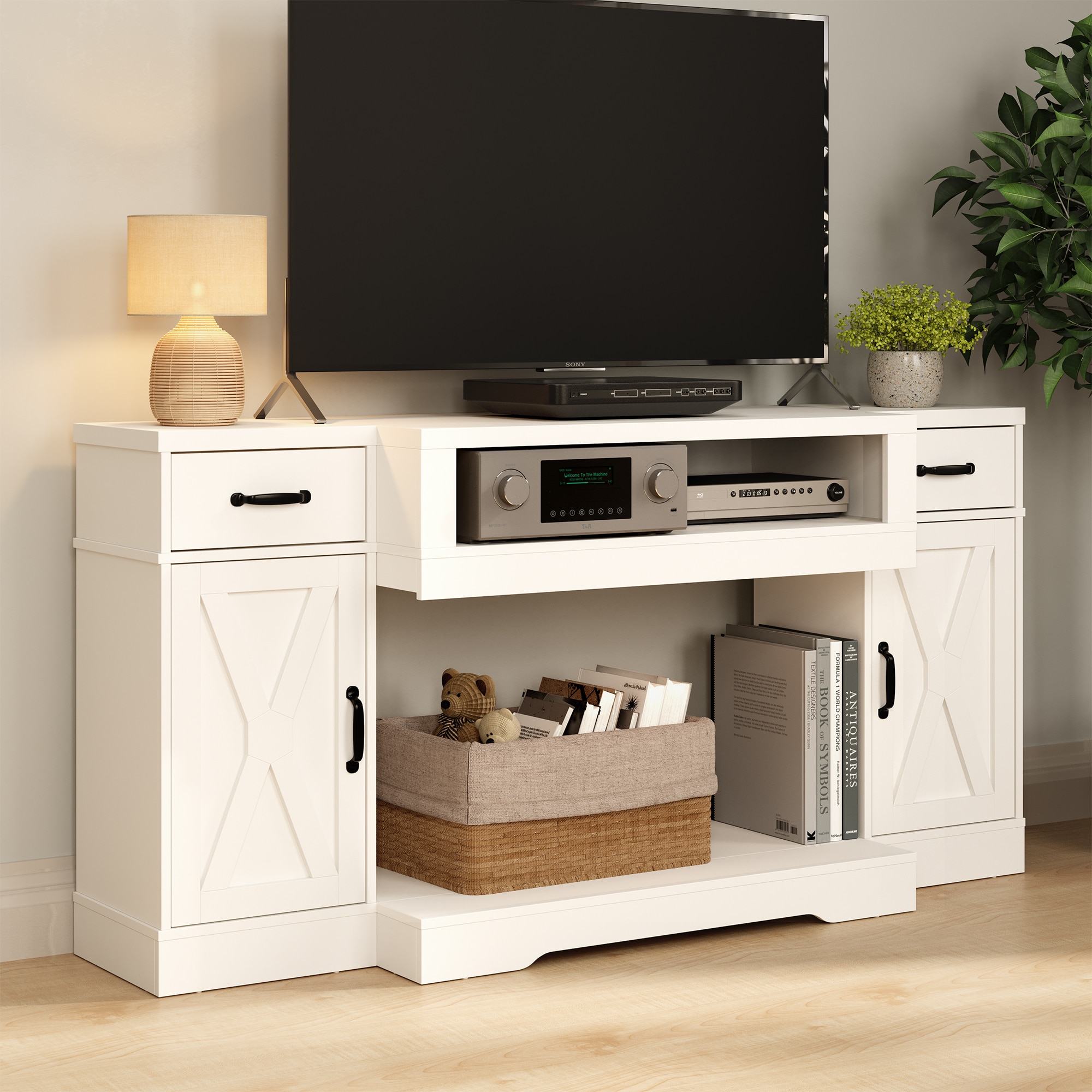 Farmhouse TV Stands, Media Console Table with Adjustable Shelves & Double-door, Entertainment Center for TVs up to 75'', 3-in-1 TV Cabinet for Living Room, Bedroom, Study Room, White