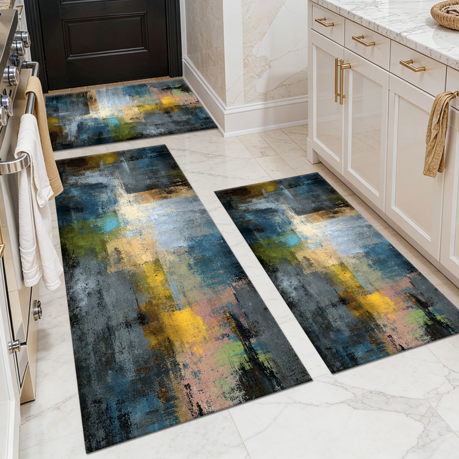 Three-piece kitchen rug set, non-slip and washable, abstract pattern kitchen hallway rug, soft and comfortable, suitable for sinks, floors, entrances, hallways and bathrooms.