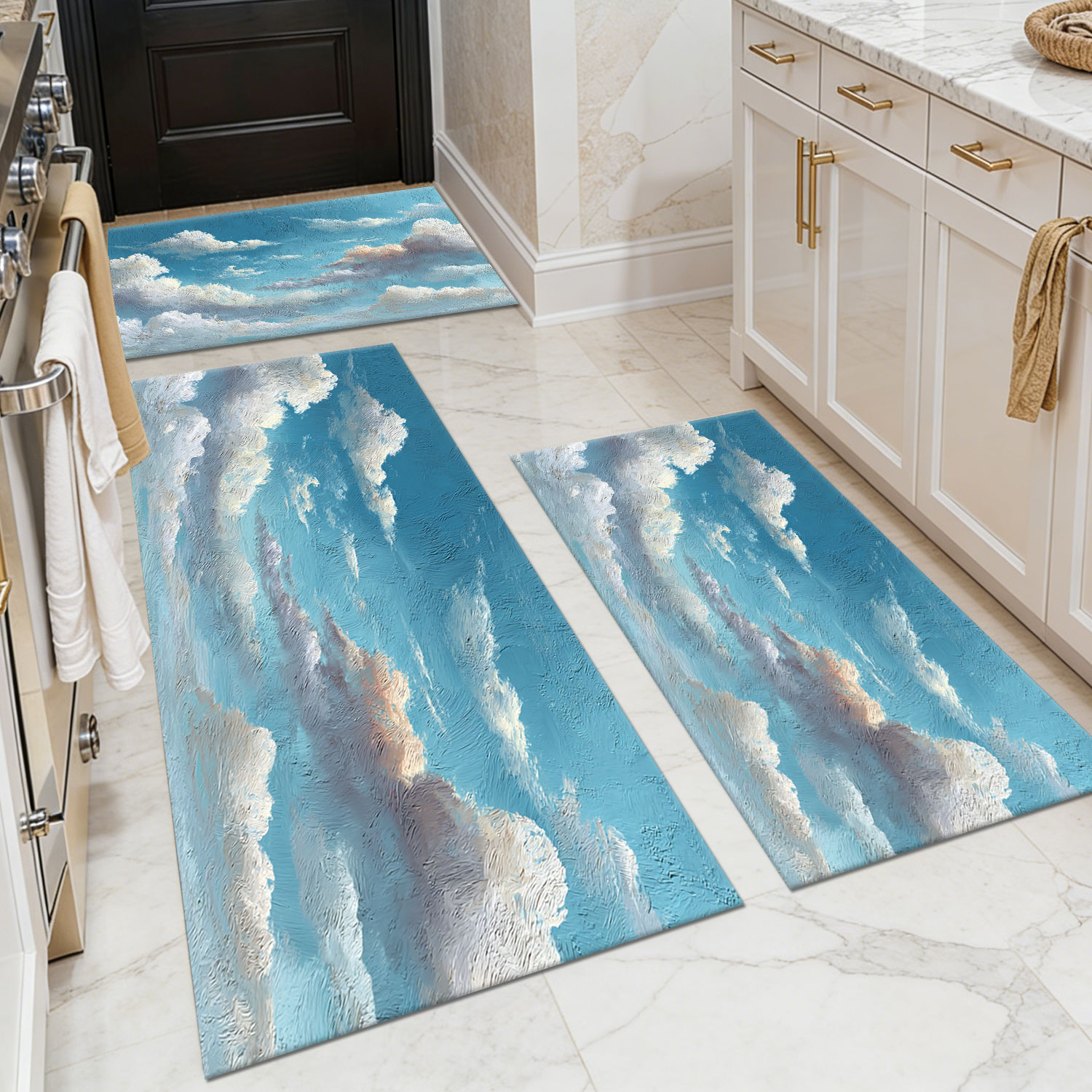Three-piece kitchen rug set, non-slip and washable, abstract pattern kitchen hallway rug, soft and comfortable, suitable for sinks, floors, entrances, hallways and bathrooms.