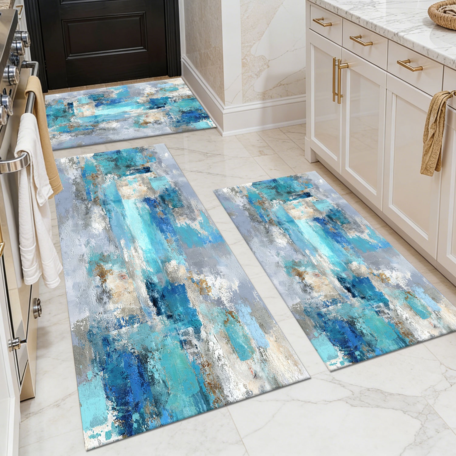 Three-piece kitchen rug set, non-slip and washable, abstract pattern kitchen hallway rug, soft and comfortable, suitable for sinks, floors, entrances, hallways and bathrooms.
