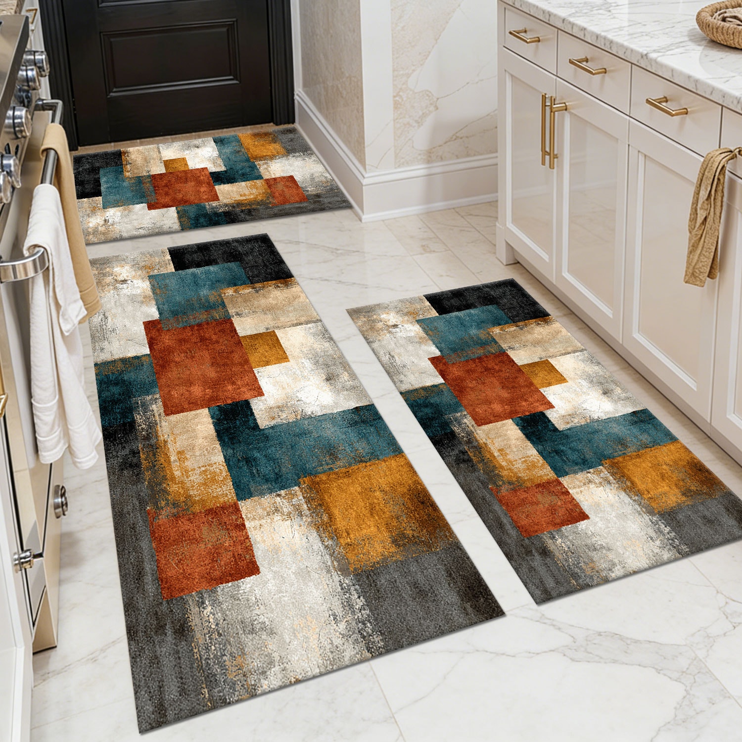 Three-piece kitchen rug set, non-slip and washable, abstract pattern kitchen hallway rug, soft and comfortable, suitable for sinks, floors, entrances, hallways and bathrooms.